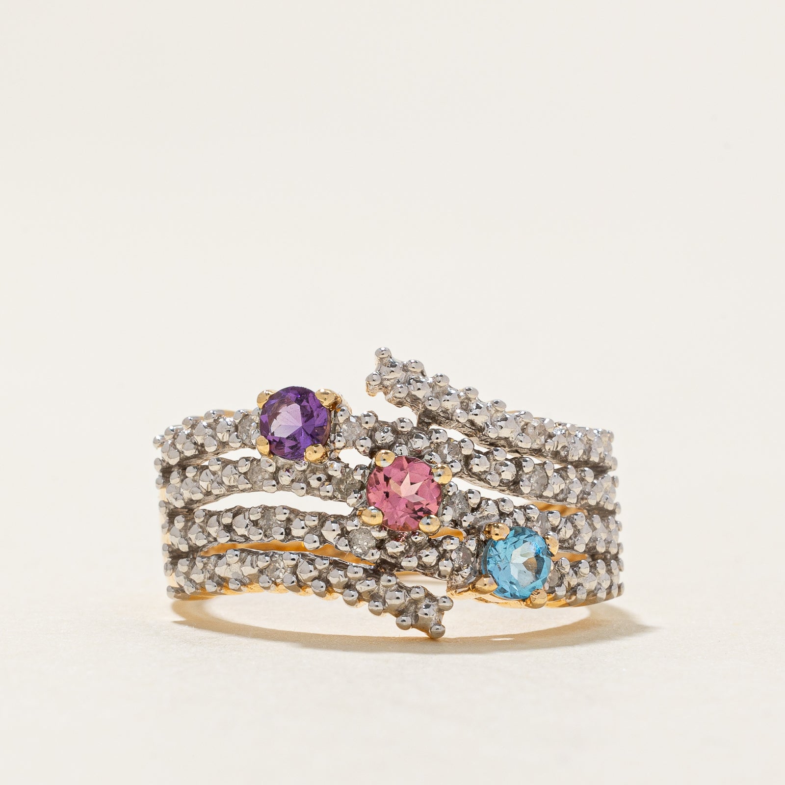 Multi Gemstone & Diamond Multi Row Ring | 0.30ctw, 0.07ctw | SZ 6.25