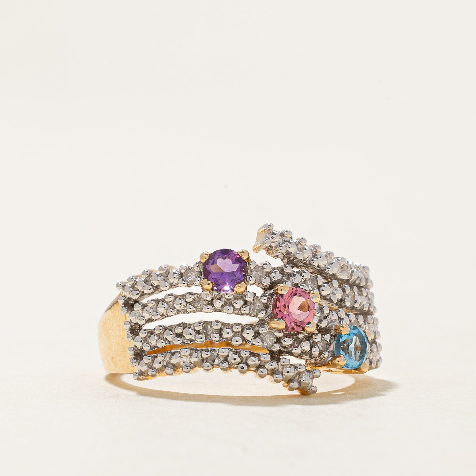 Multi Gemstone & Diamond Multi Row Ring | 0.30ctw, 0.07ctw | SZ 6.25