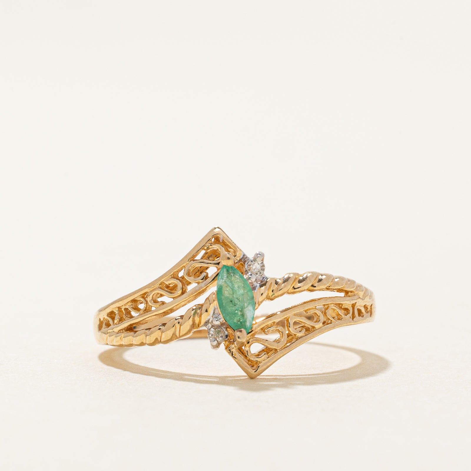 Emerald & Diamond Bypass Ring | 0.08ct, 0.01ctw | SZ 5.5