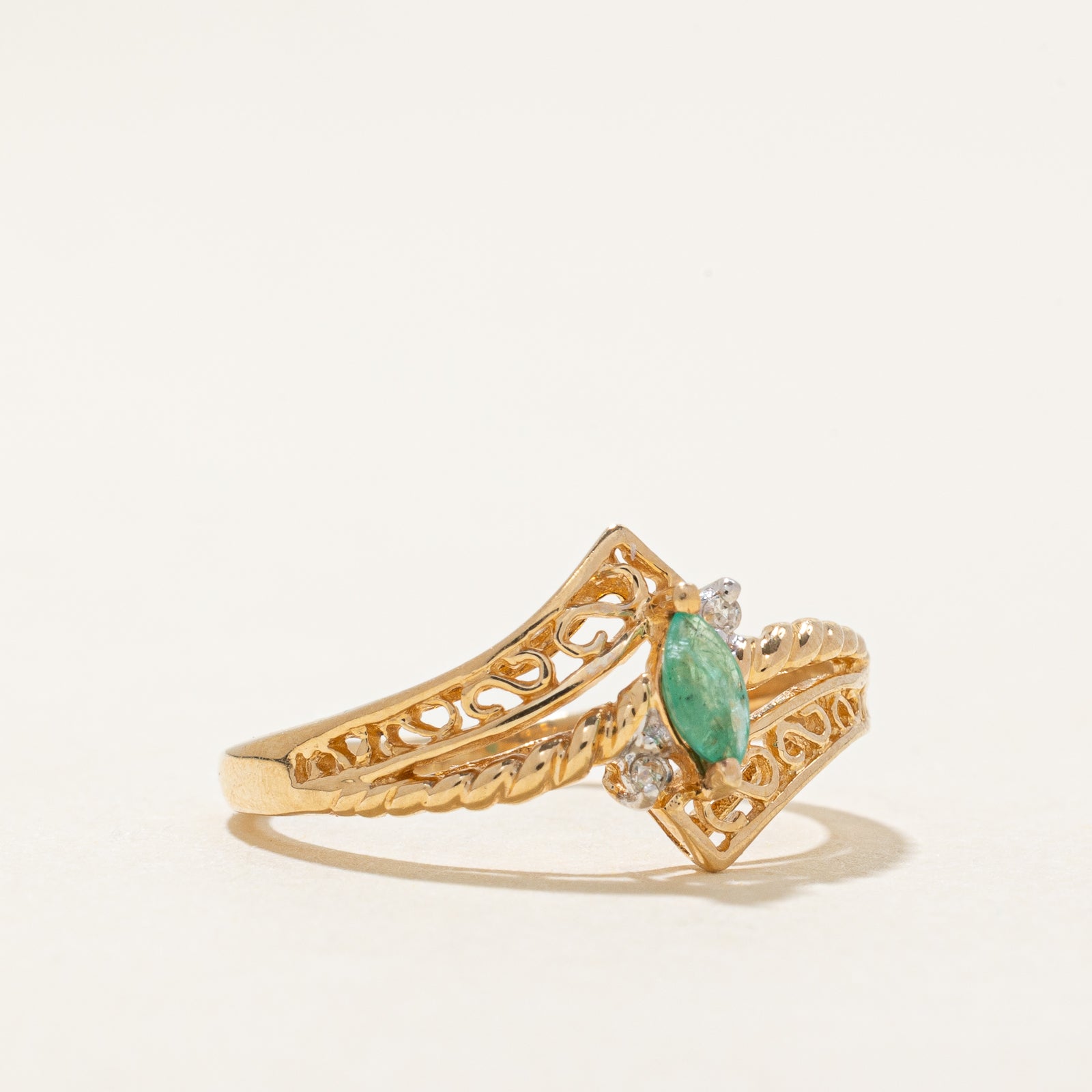 Emerald & Diamond Bypass Ring | 0.08ct, 0.01ctw | SZ 5.5