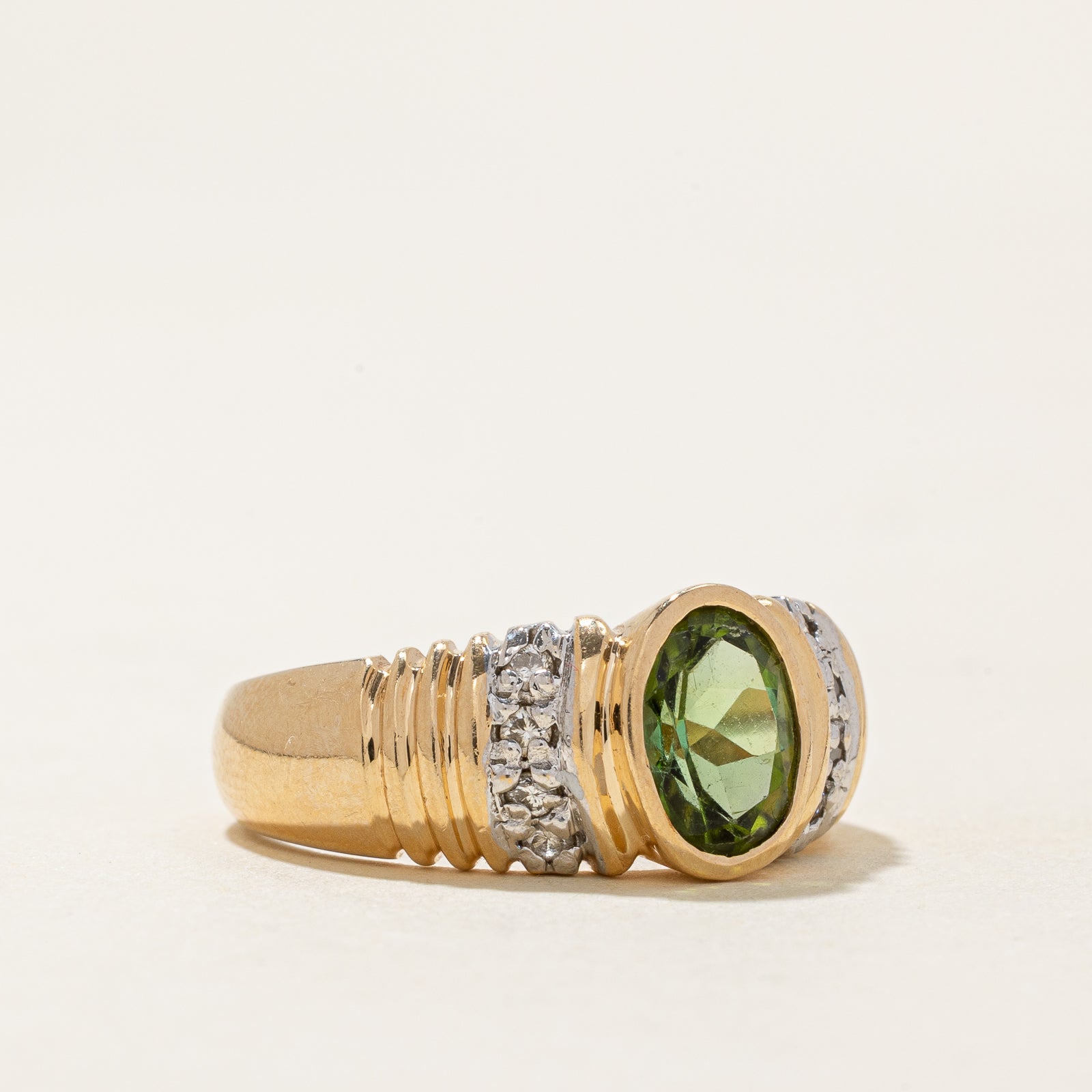 Bezel Set Tourmaline & Diamond Ring | 0.09ctw | 1.23ct | SZ 7