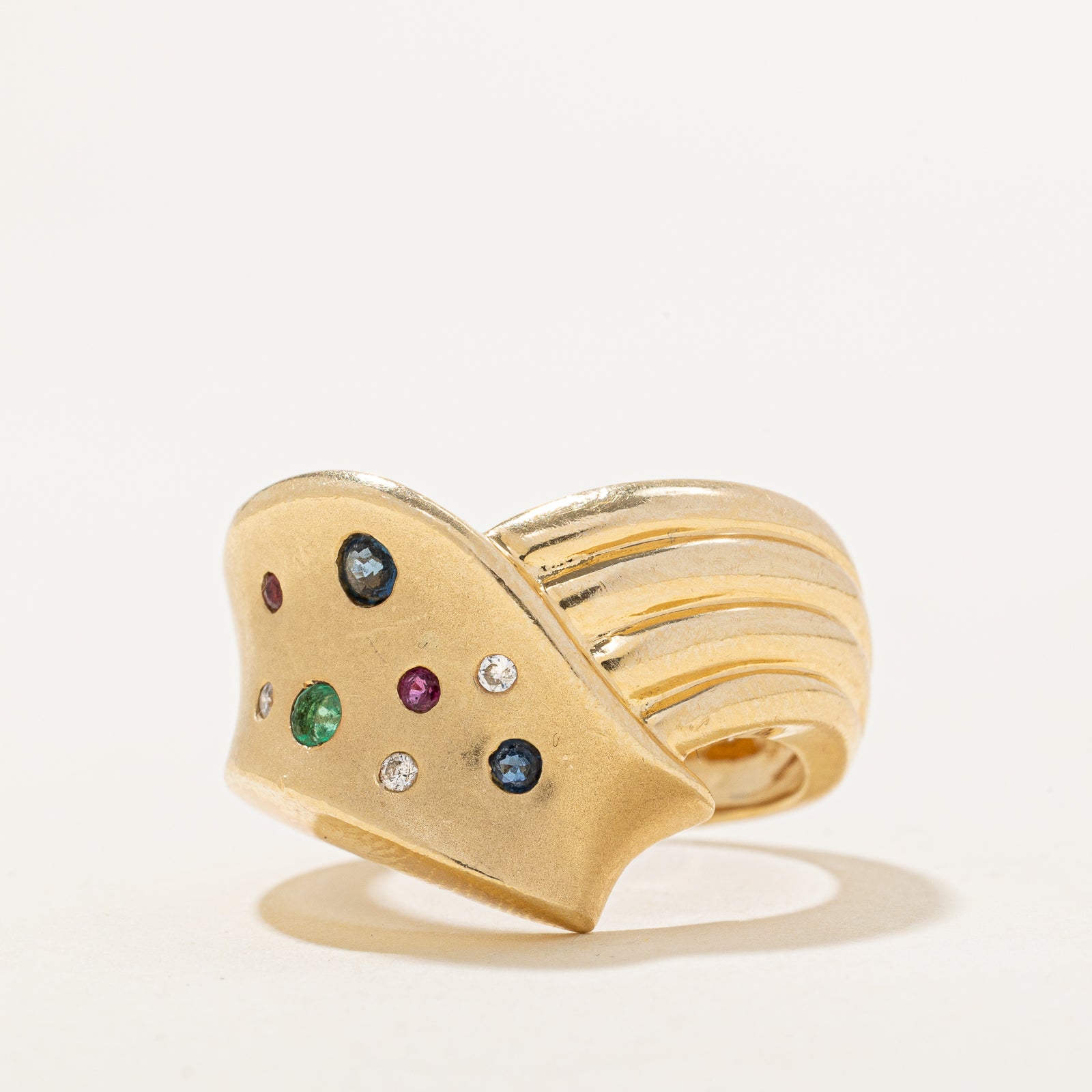 Multi Gemstone & Diamond Grooved Chevron Ring | 0.15ctw, 0.03ctw | SZ 1.75