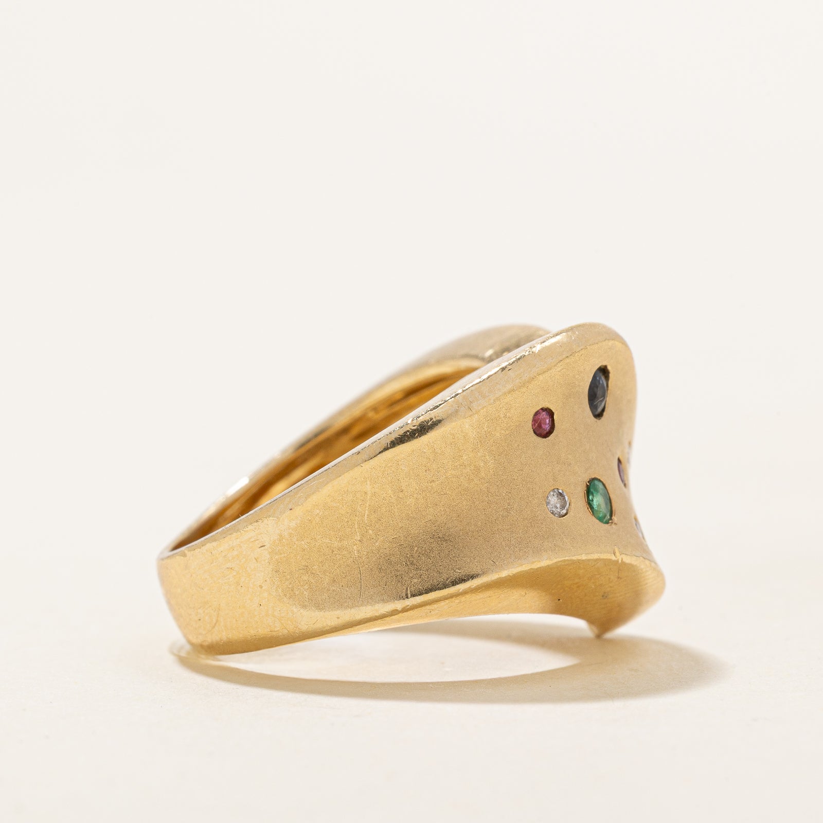 Multi Gemstone & Diamond Grooved Chevron Ring | 0.15ctw, 0.03ctw | SZ 1.75