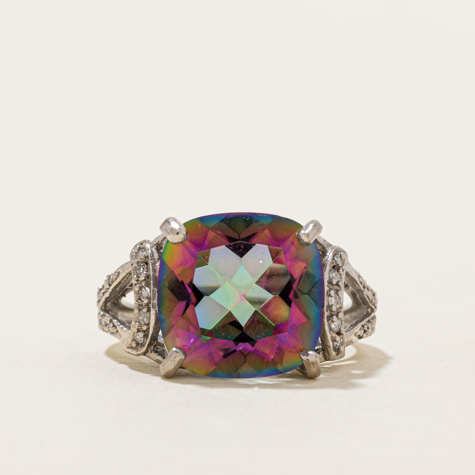 Cushion Cut Mystic Topaz & Diamond Cocktail Ring | 9.00ct, 0.10ctw | SZ 7.25