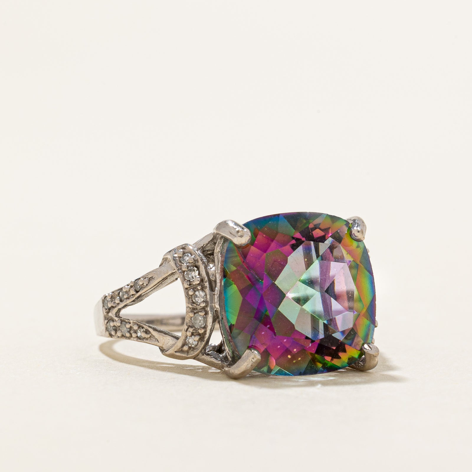 Cushion Cut Mystic Topaz & Diamond Cocktail Ring | 9.00ct, 0.10ctw | SZ 7.25