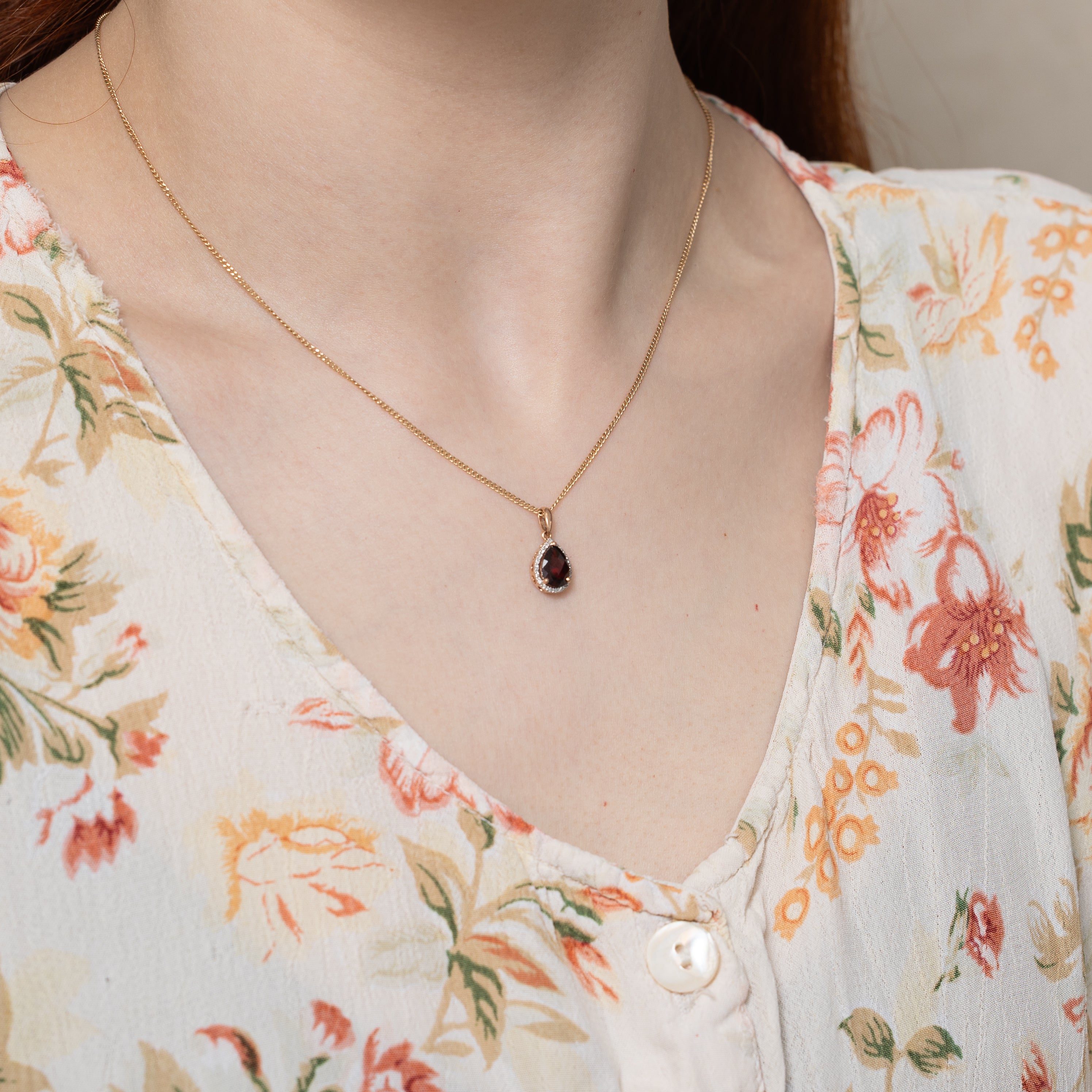Pear Cut Garnet & Diamond Halo Pendant | 1.25ct | 0.07ctw