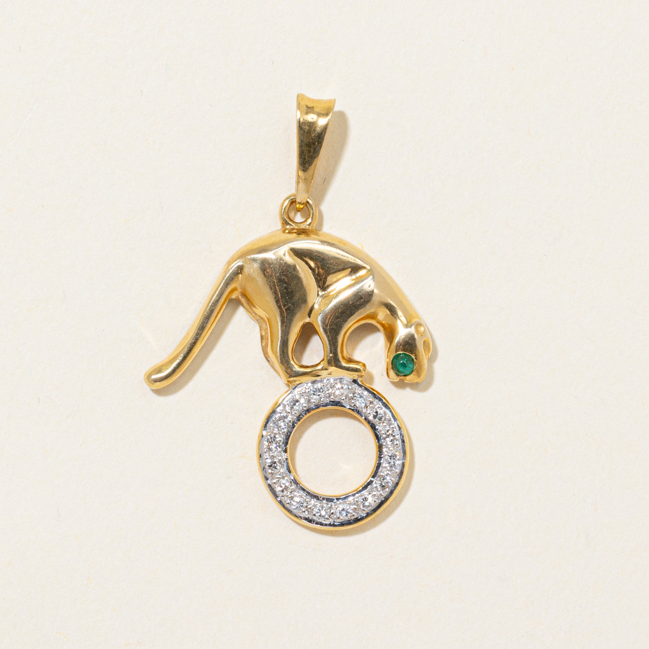 Diamond & Emerald Wildcat Pendant | 0.13ctw, 0.03ct