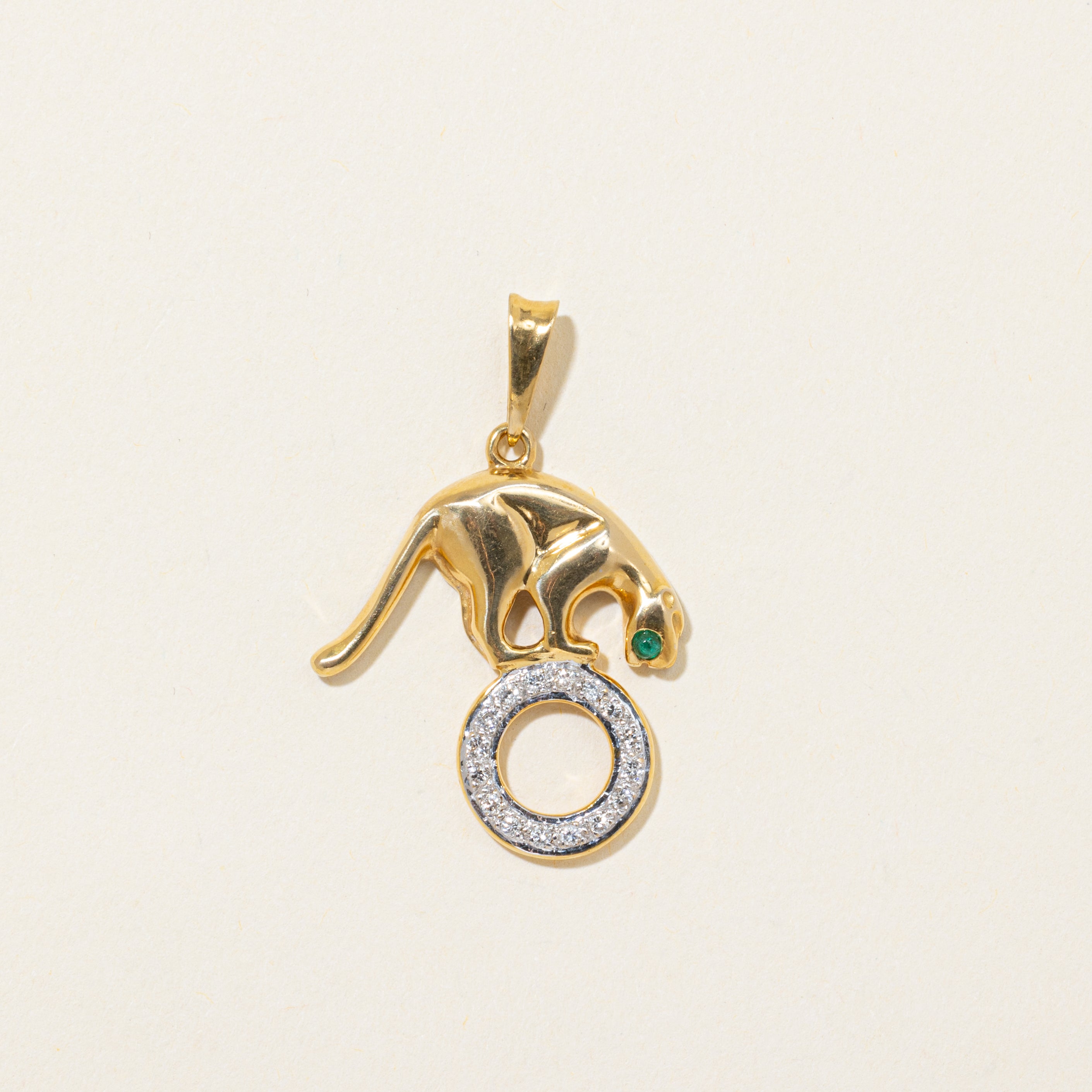 Diamond & Emerald Wildcat Pendant | 0.13ctw, 0.03ct