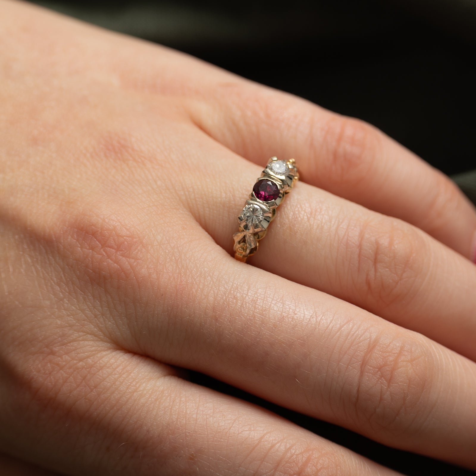 Three Stone Ruby & Diamond Ring | 0.32ct, 0.18ctw | SZ 7.75