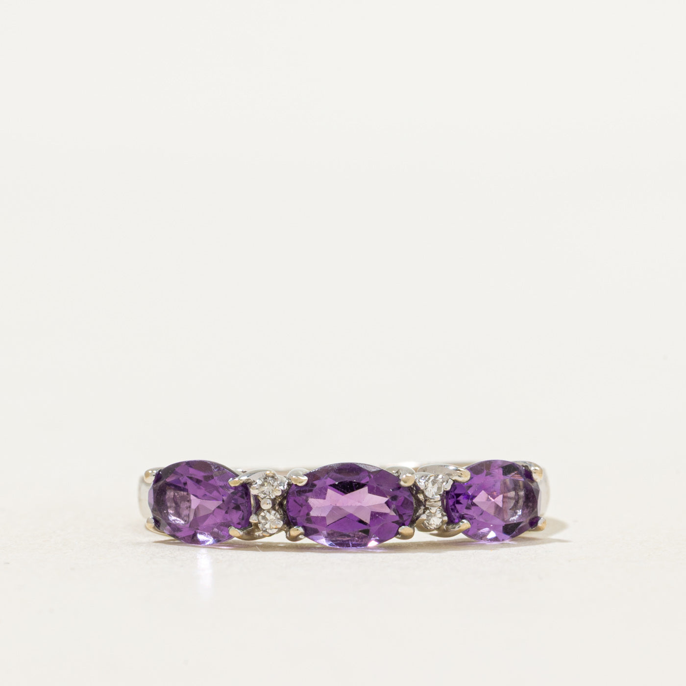 Three Stone Amethyst & Diamond Ring | 1.00ctw, 0.02ctw | SZ 6.5