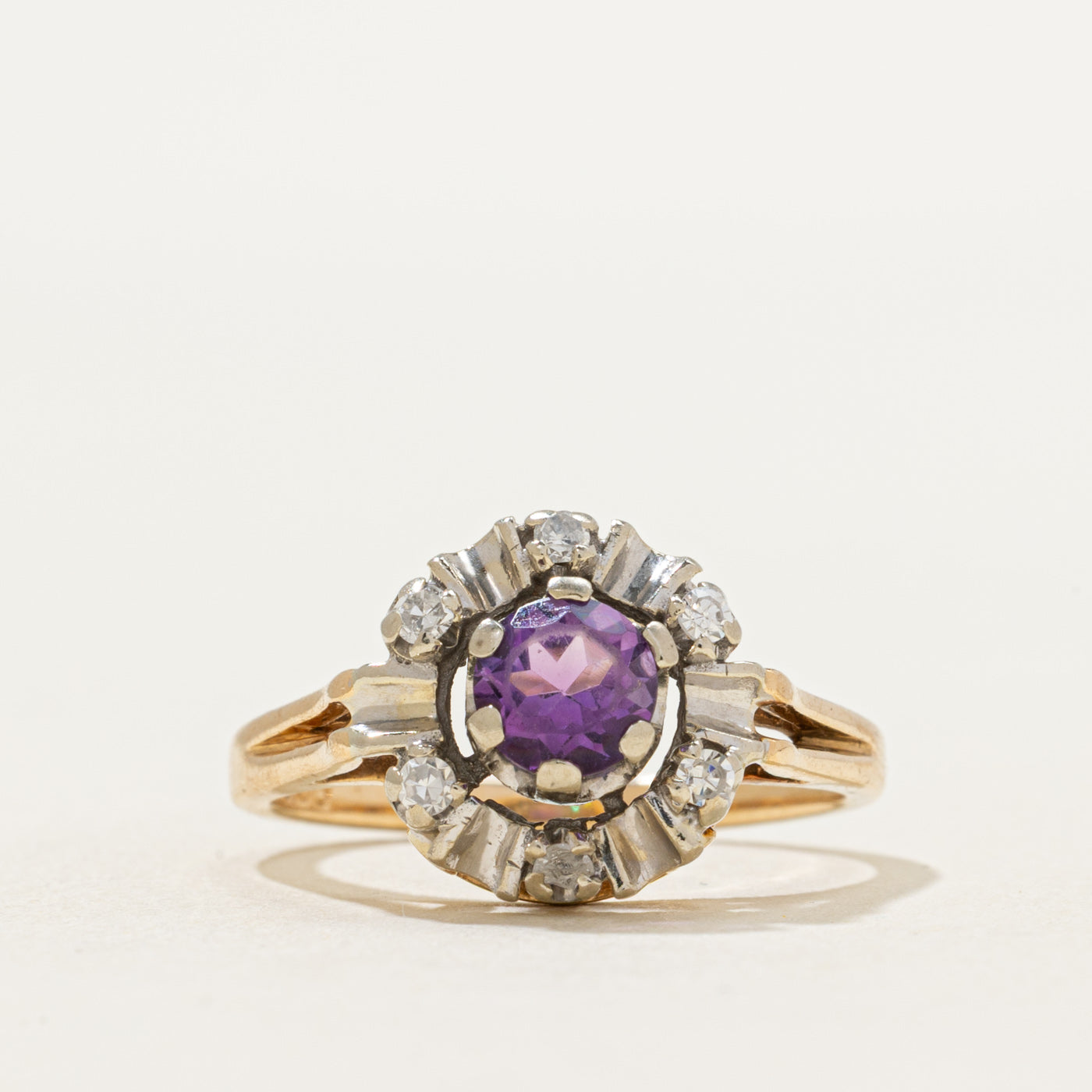 Round Cut Amethyst & Diamond Ring | 0.46ct, 0.12ctw | SZ 5