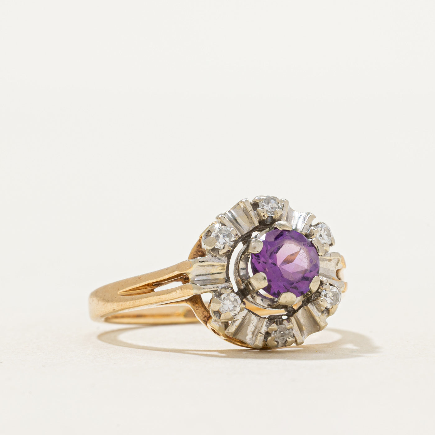 Round Cut Amethyst & Diamond Ring | 0.46ct, 0.12ctw | SZ 5