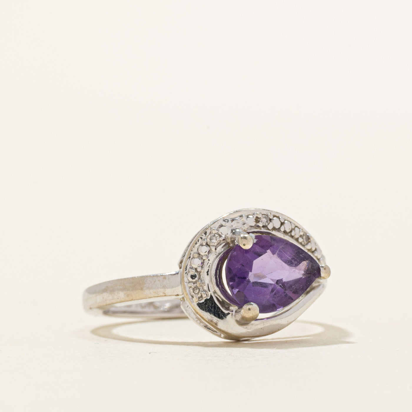 Pear Cut East West Amethyst & Diamond Ring | 1.00ct, 0.02ctw | SZ 6.5