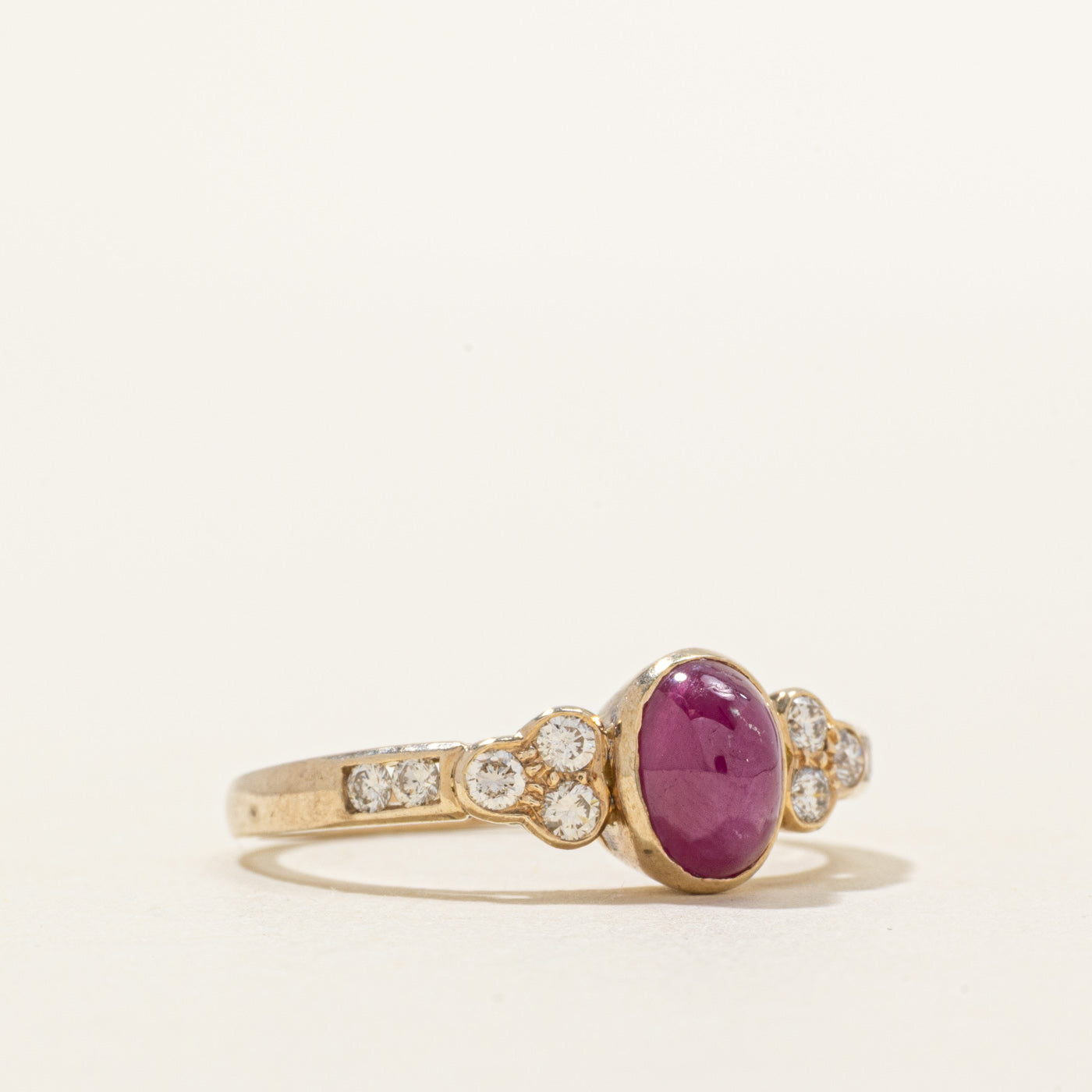 Bezel Set Oval Cabochon Ruby & Diamond Ring | 1.40ct, 0.26ctw | SZ 7.25
