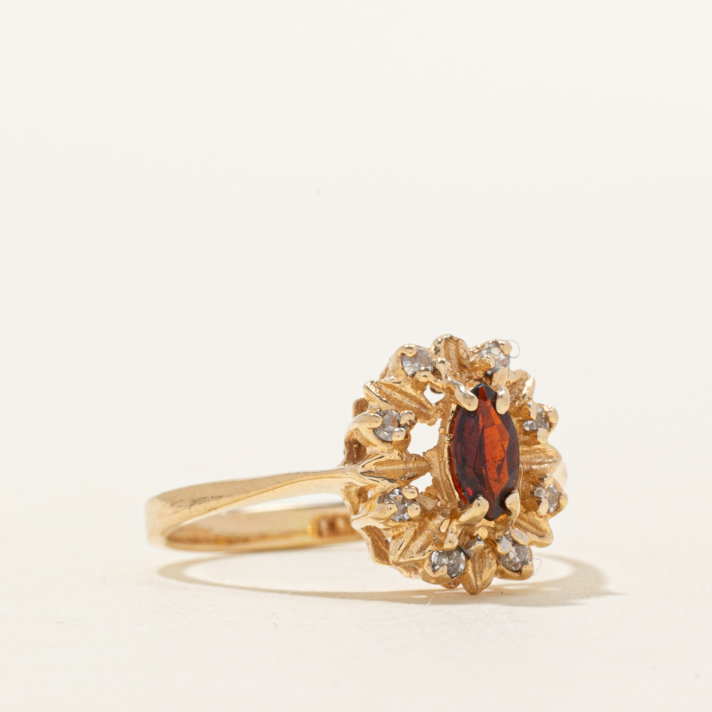 Marquise Cut Garnet & Diamond Ornate Ring | 0.22ct, 0.08ctw | SZ 6
