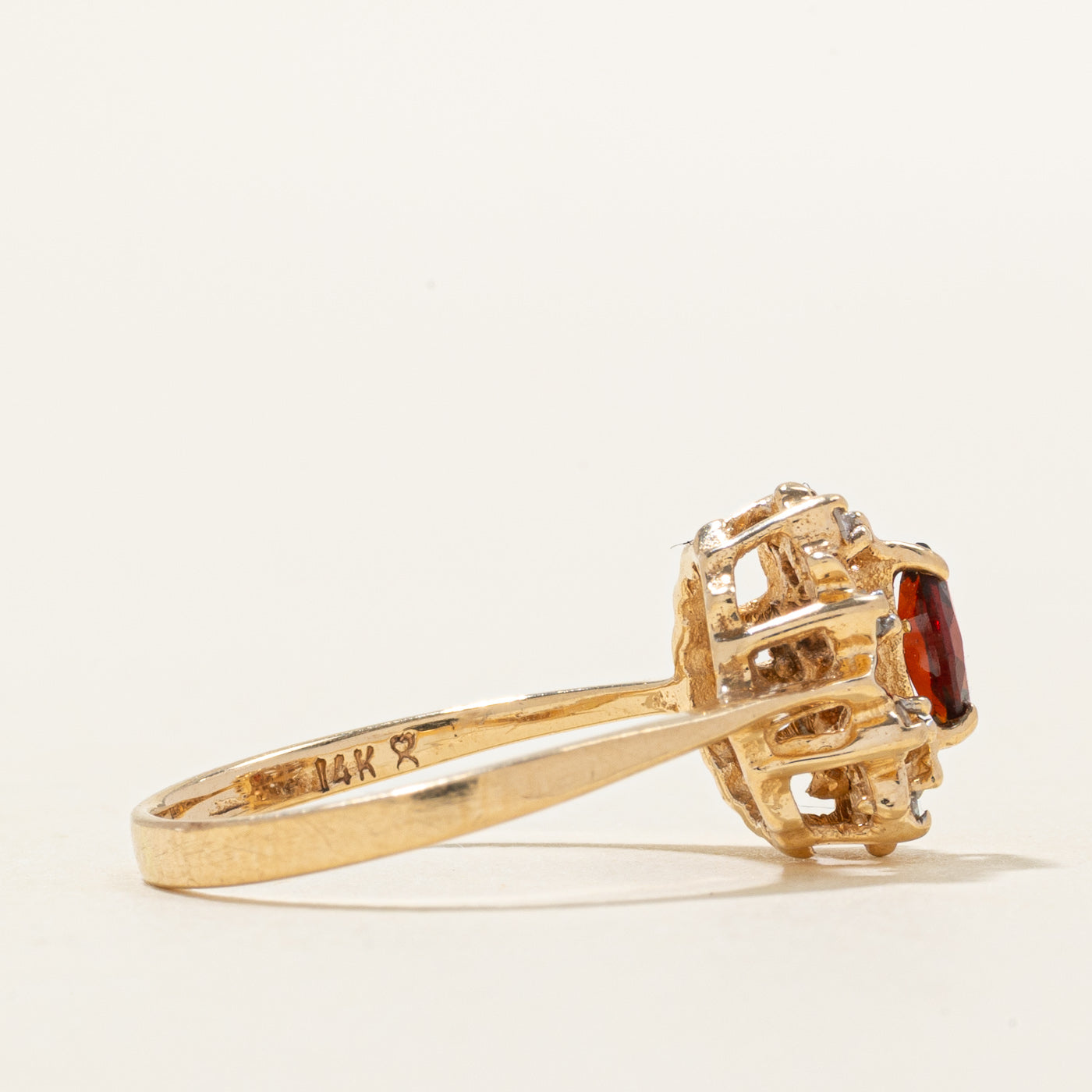 Marquise Cut Garnet & Diamond Ornate Ring | 0.22ct, 0.08ctw | SZ 6