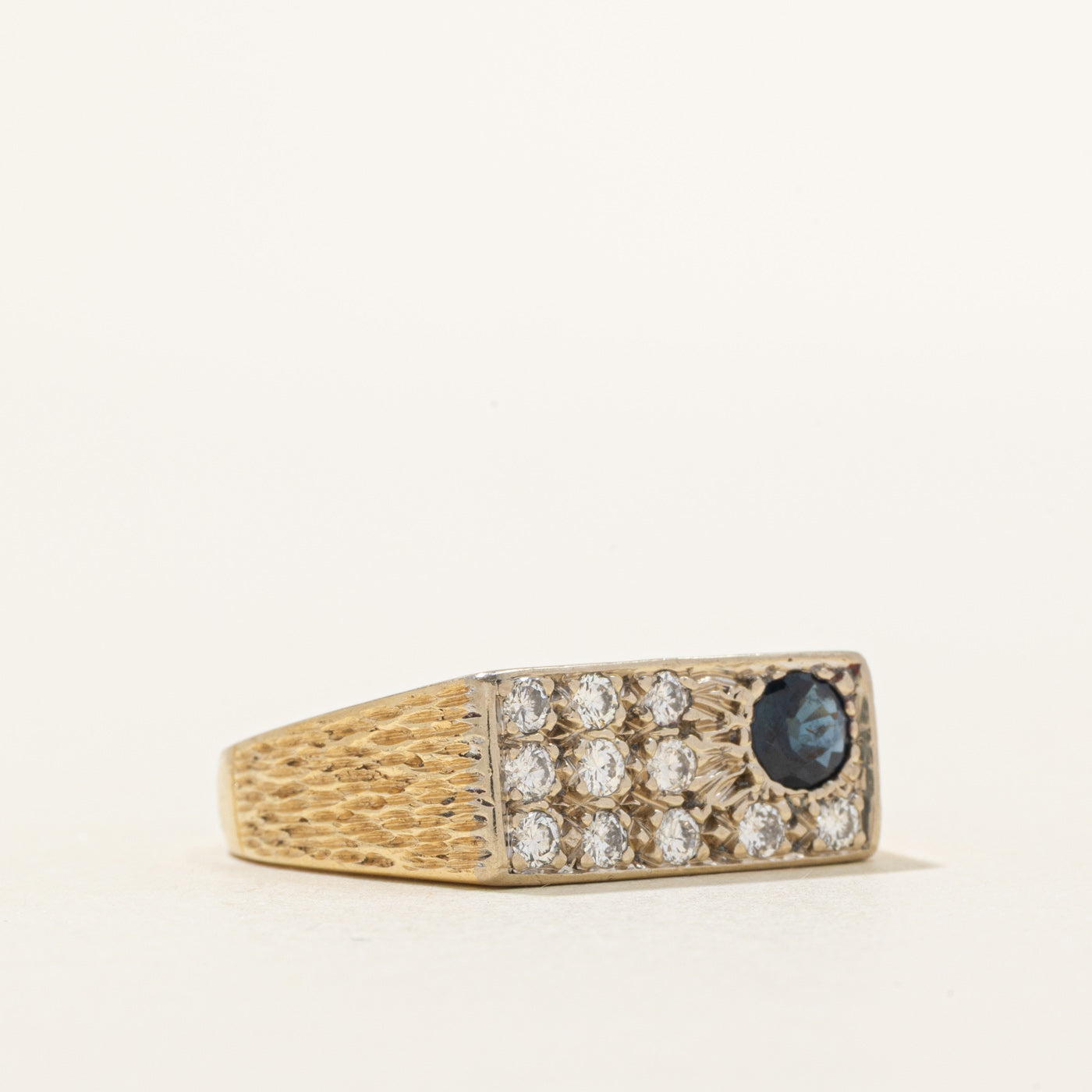 Sapphire & Diamond Grid Textured Signet Ring | 0.35ct, 0.30ctw | SZ 8.25