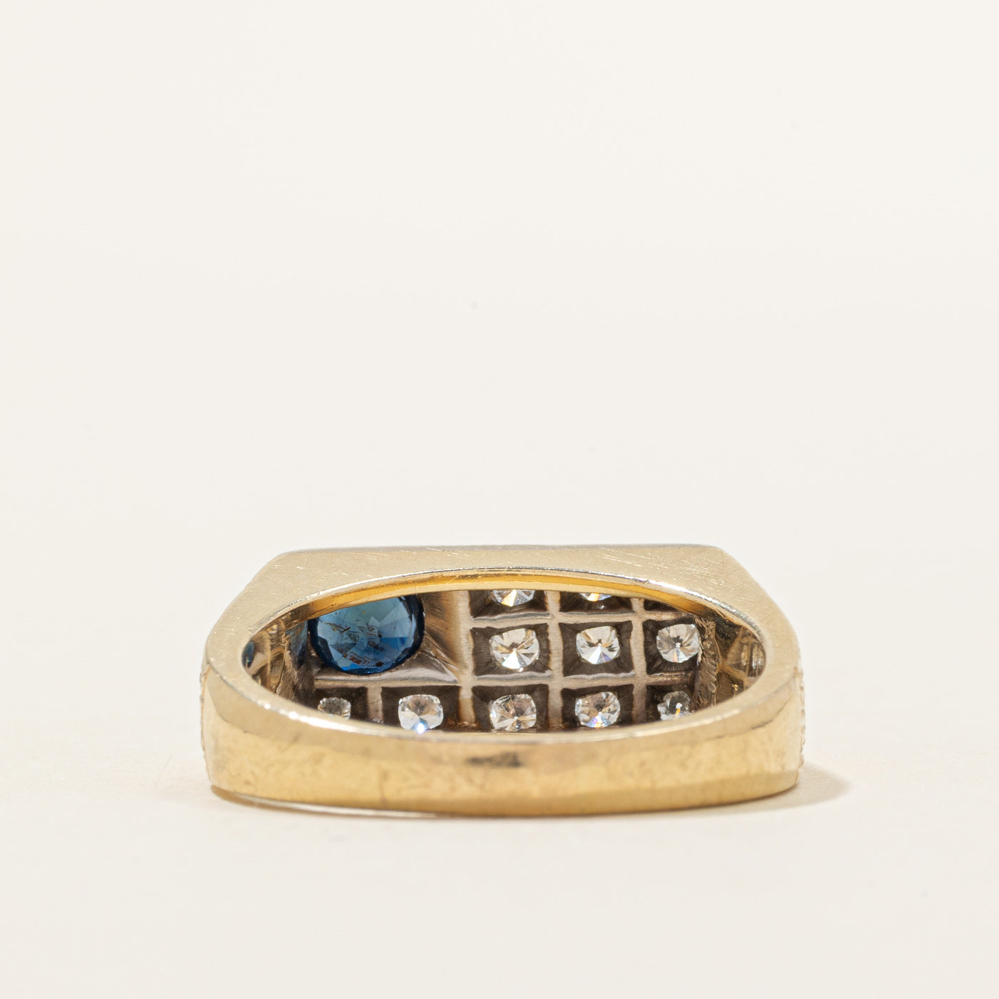 Sapphire & Diamond Grid Textured Signet Ring | 0.35ct, 0.30ctw | SZ 8.25