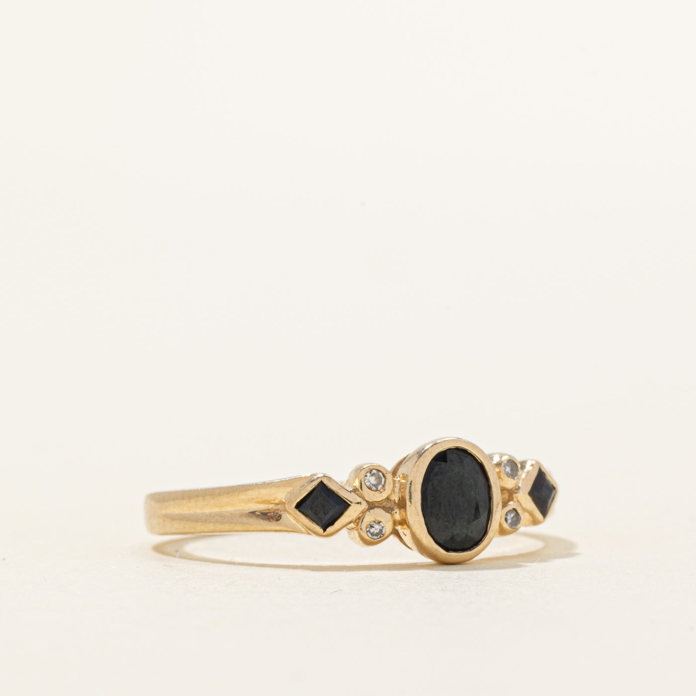 Bezel Set Black Sapphire & Diamond Grooved Ring | 0.55ctw, 0.02ctw | SZ 7.25