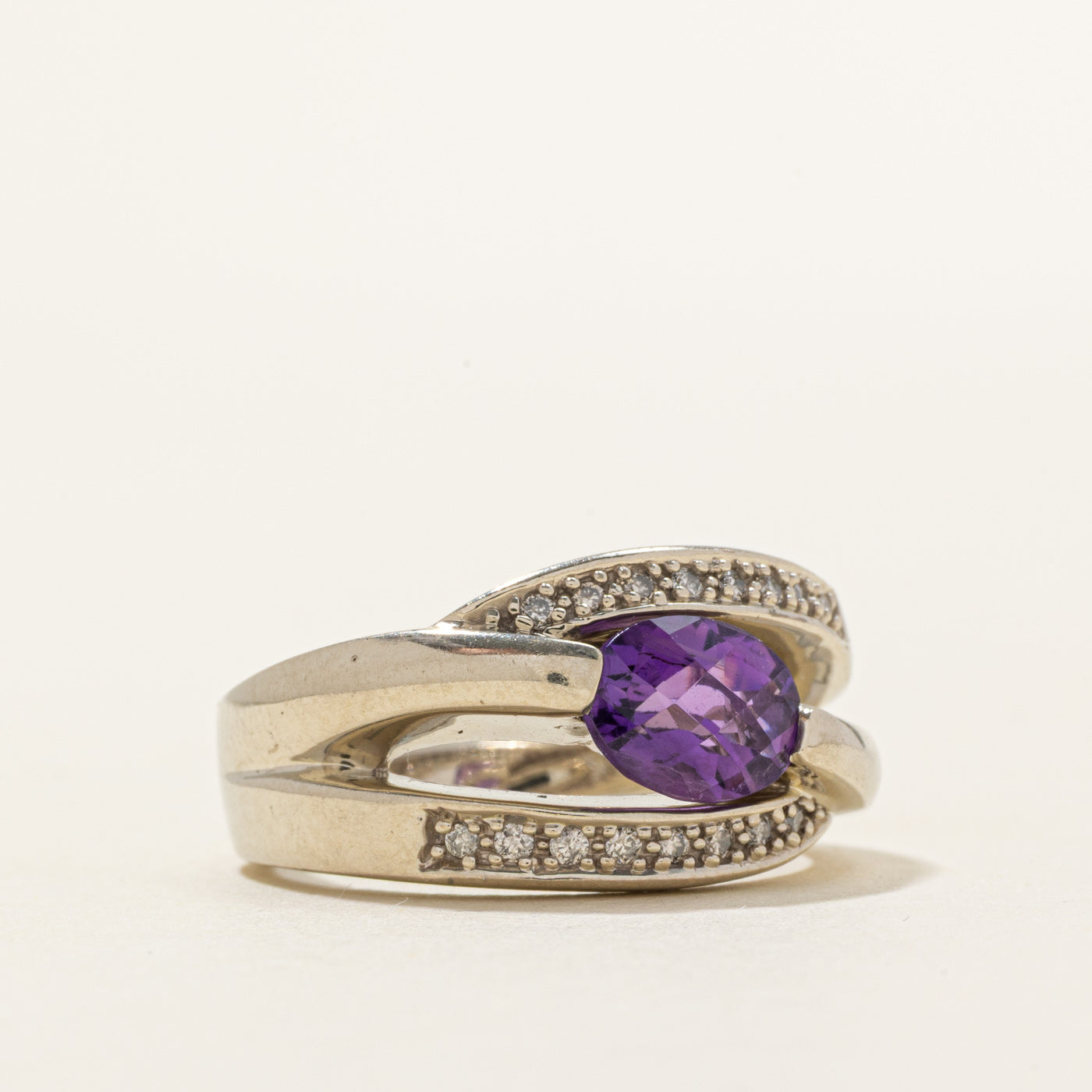 Diagonal Amethyst & Diamond Wave Ring | 1.00ct, 0.14ctw | SZ 6.25