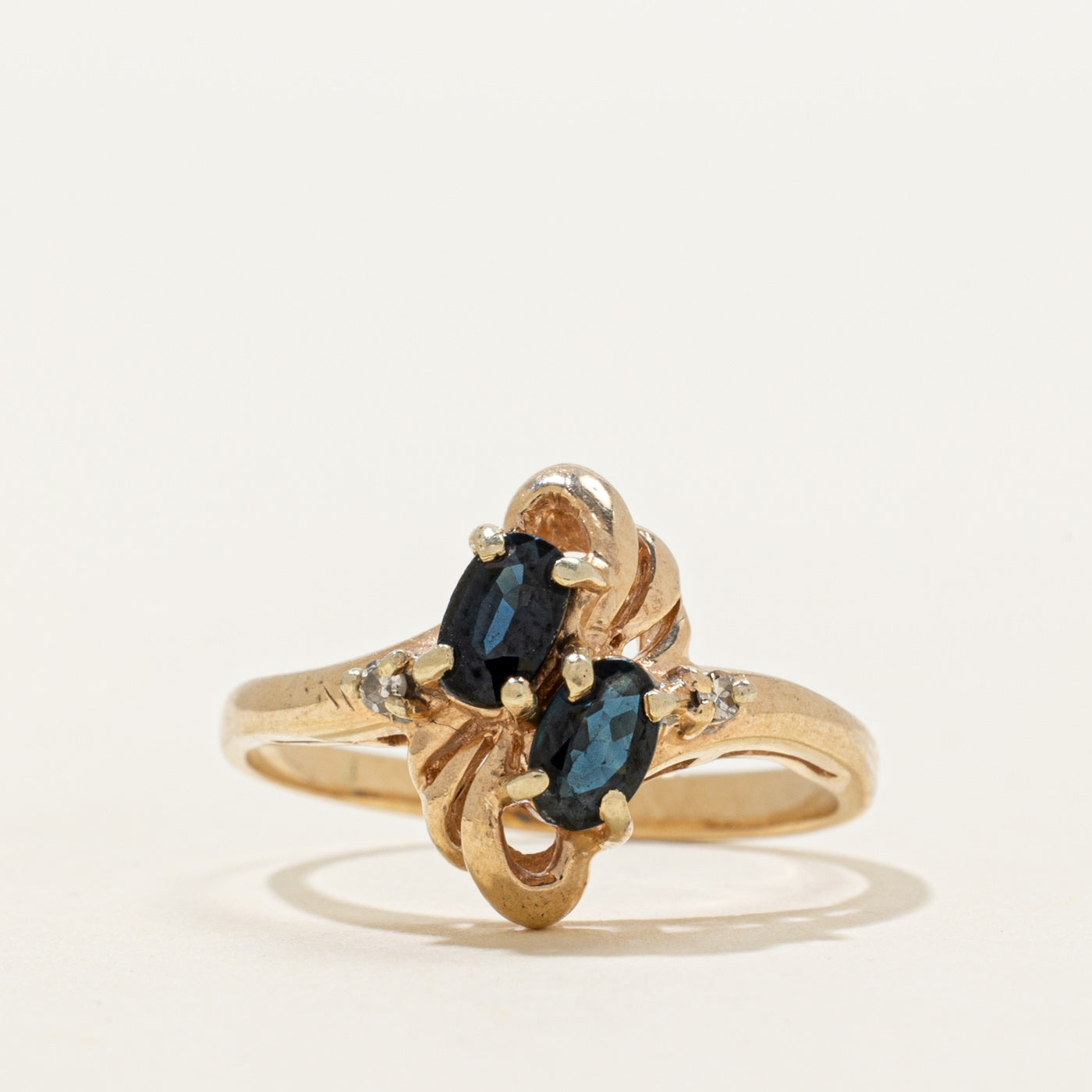 Two Stone Sapphire & Diamond Grooved Ring | 0.58ctw, 0.02ctw | SZ 5.75