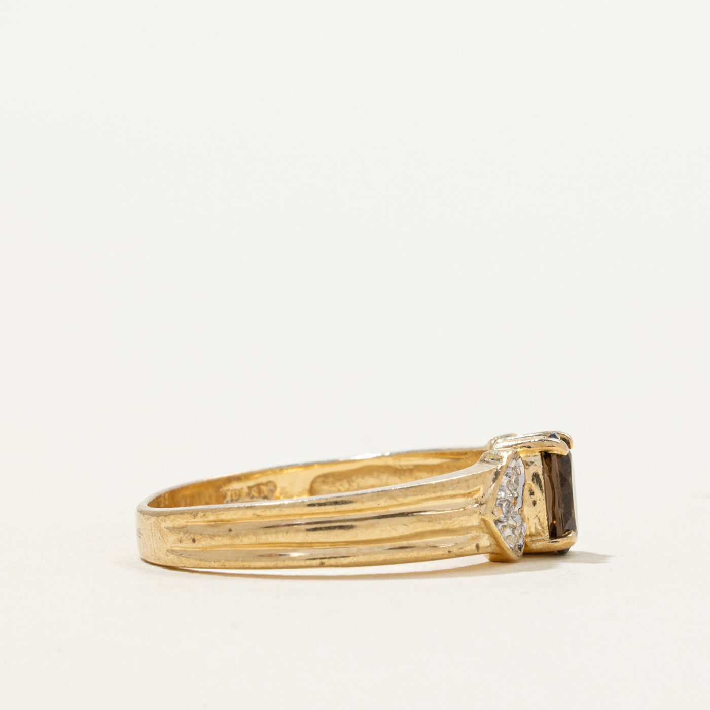 Oval Cut Smoky Quartz & Diamond Grooved Ring | 0.40ct, 0.05ctw | SZ 7