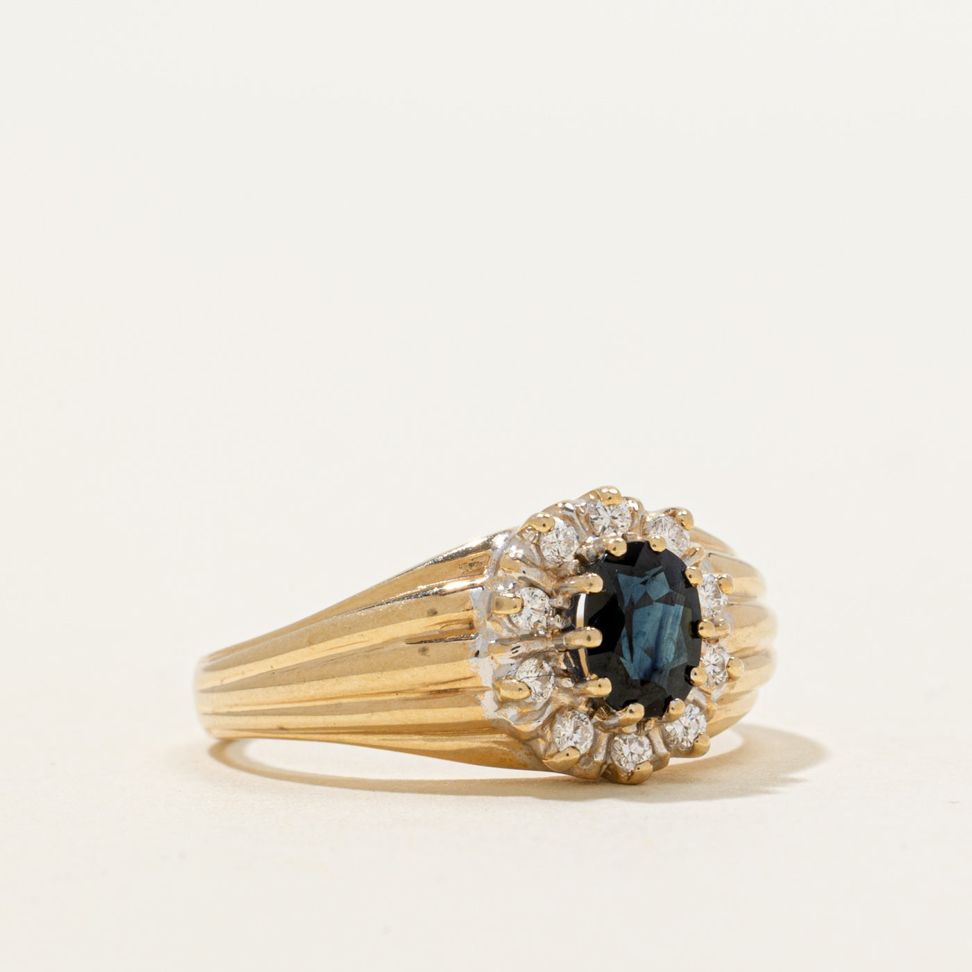 Sapphire & Diamond Halo Grooved Ring | 0.50ct, 0.10ctw | SZ 6.75