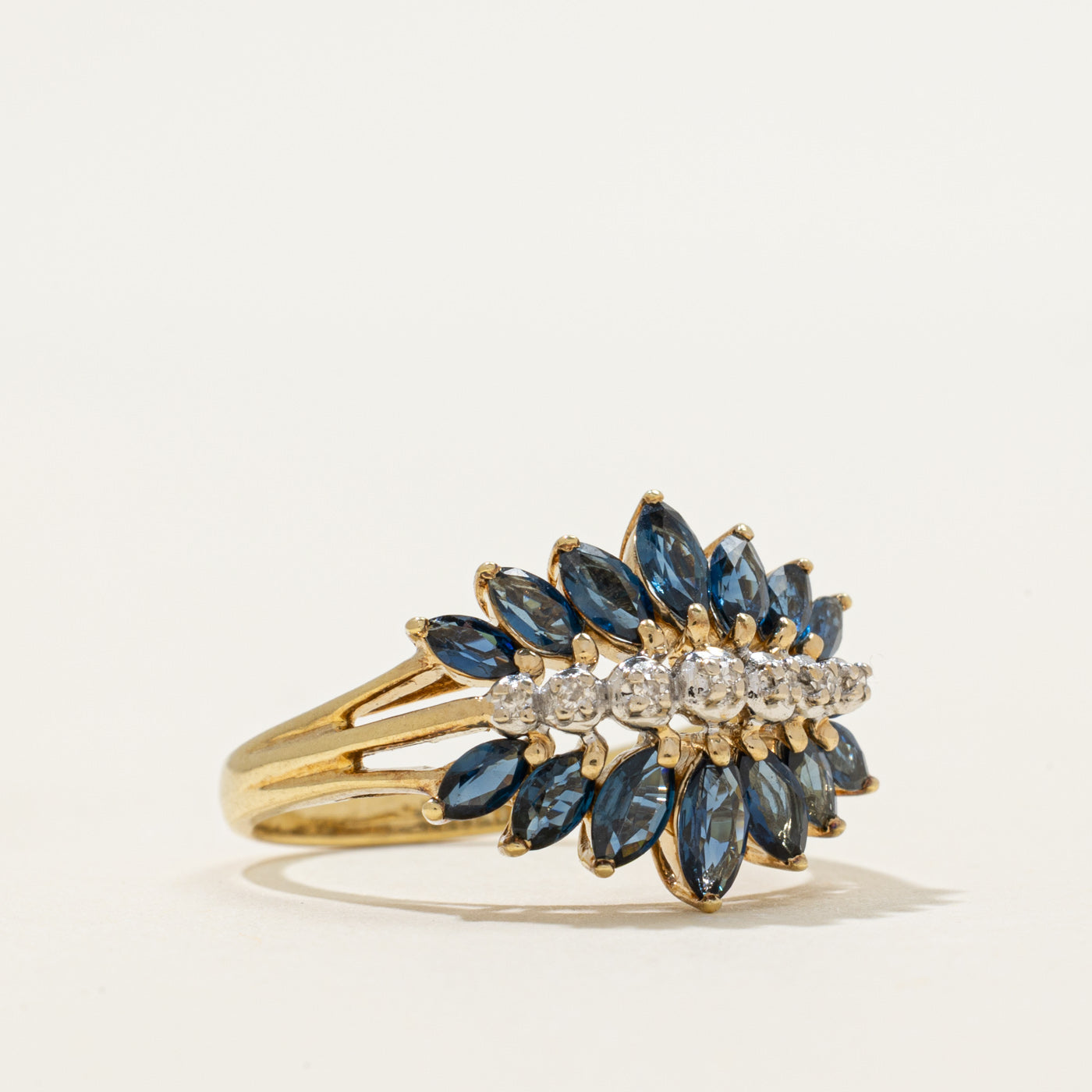 Multi Row Marquise Cut Sapphire & Diamond Cocktail Ring | 1.00ctw, 0.02ctw | SZ 7