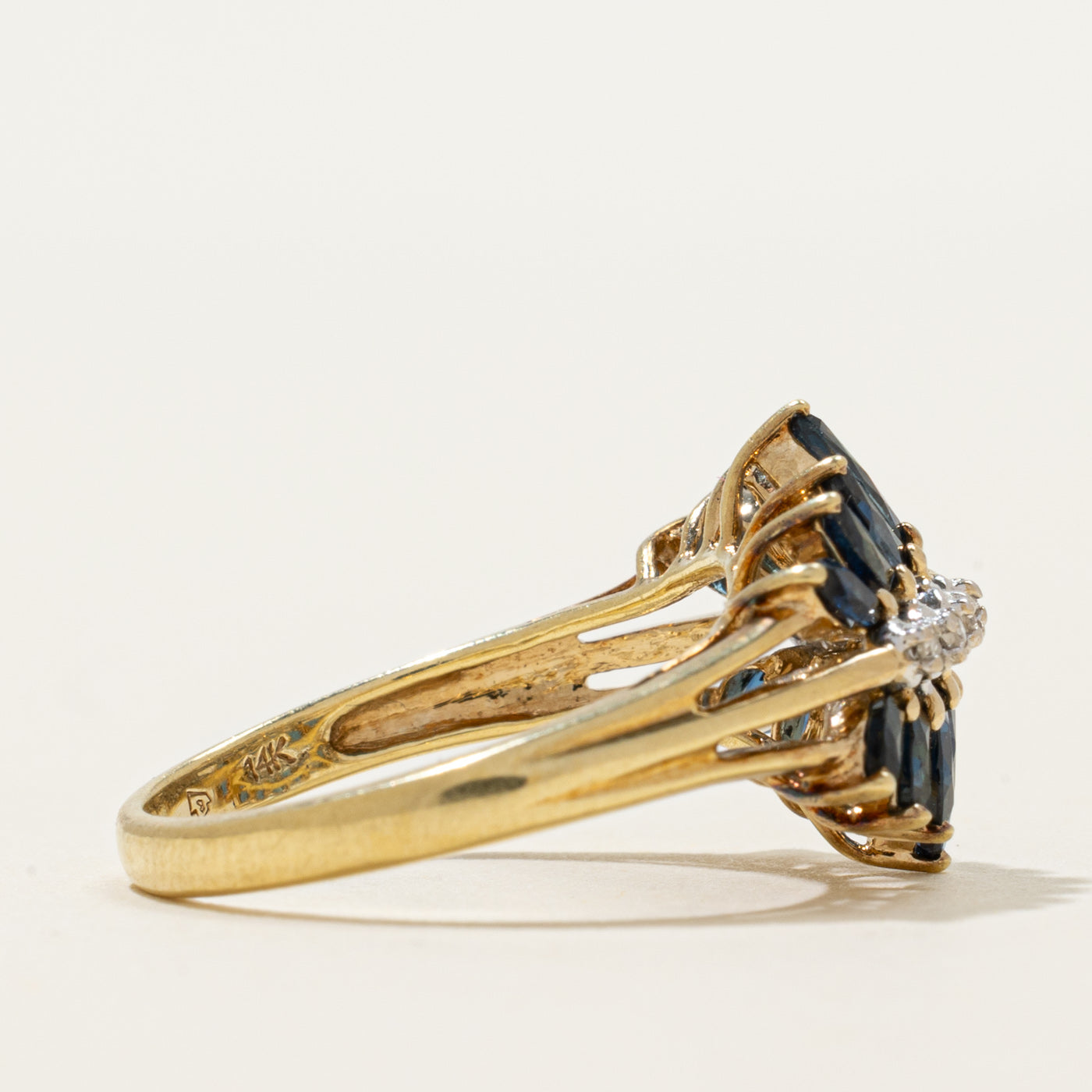 Multi Row Marquise Cut Sapphire & Diamond Cocktail Ring | 1.00ctw, 0.02ctw | SZ 7