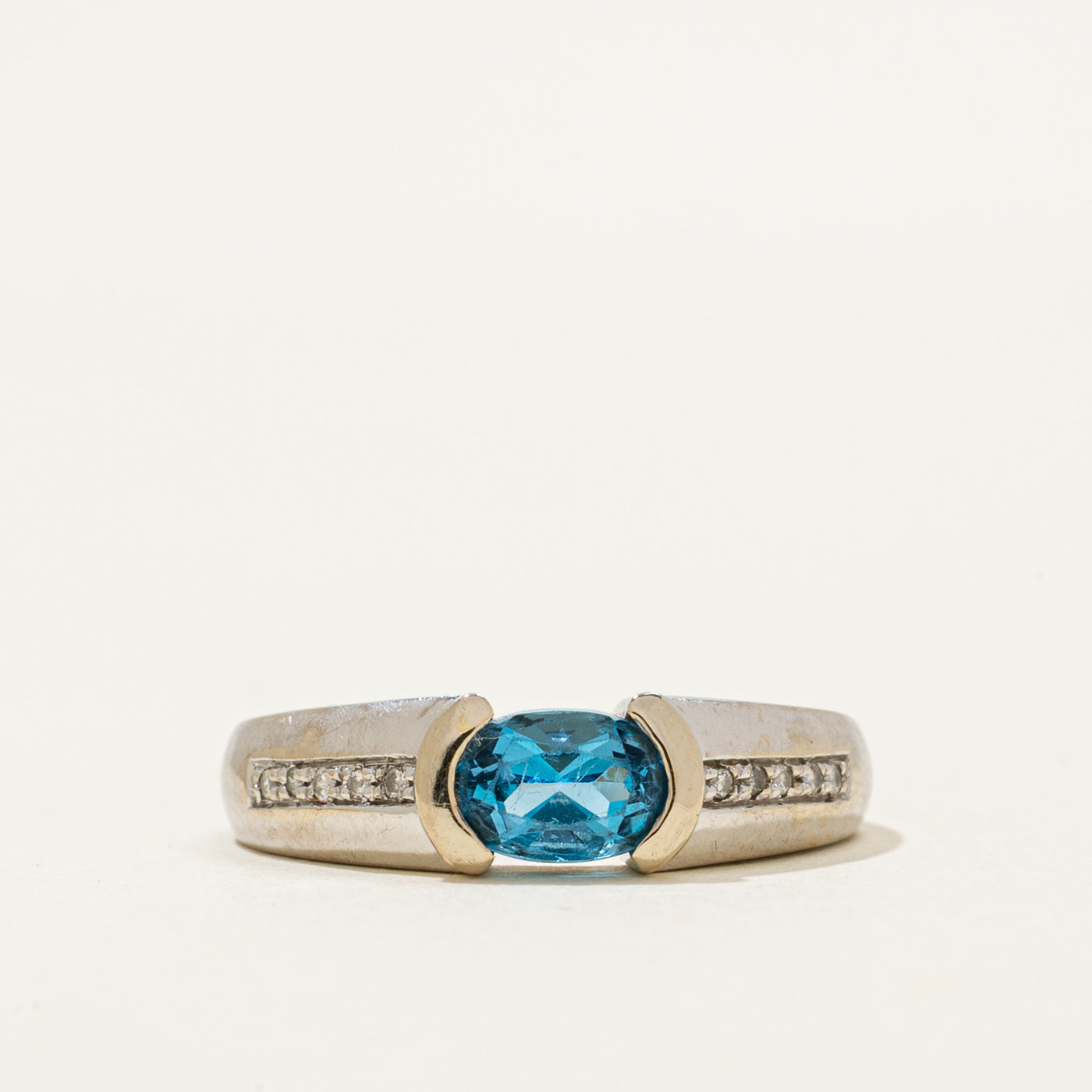 East West Blue Topaz & Diamond Ring | 0.70ct, 0.05ctw | SZ 6.5