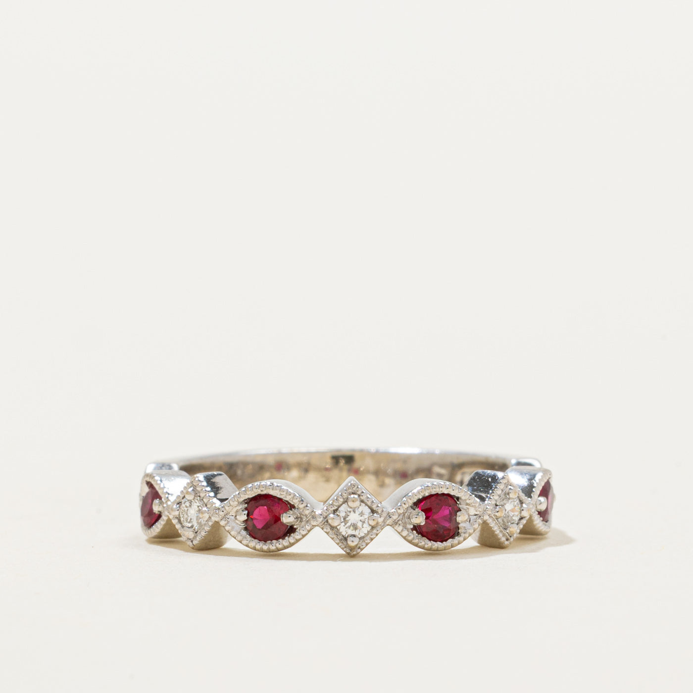 Semi-Eternity Ruby & Diamond Milgrained Ring | 0.18ctw, 0.06ctw | SZ 4.25