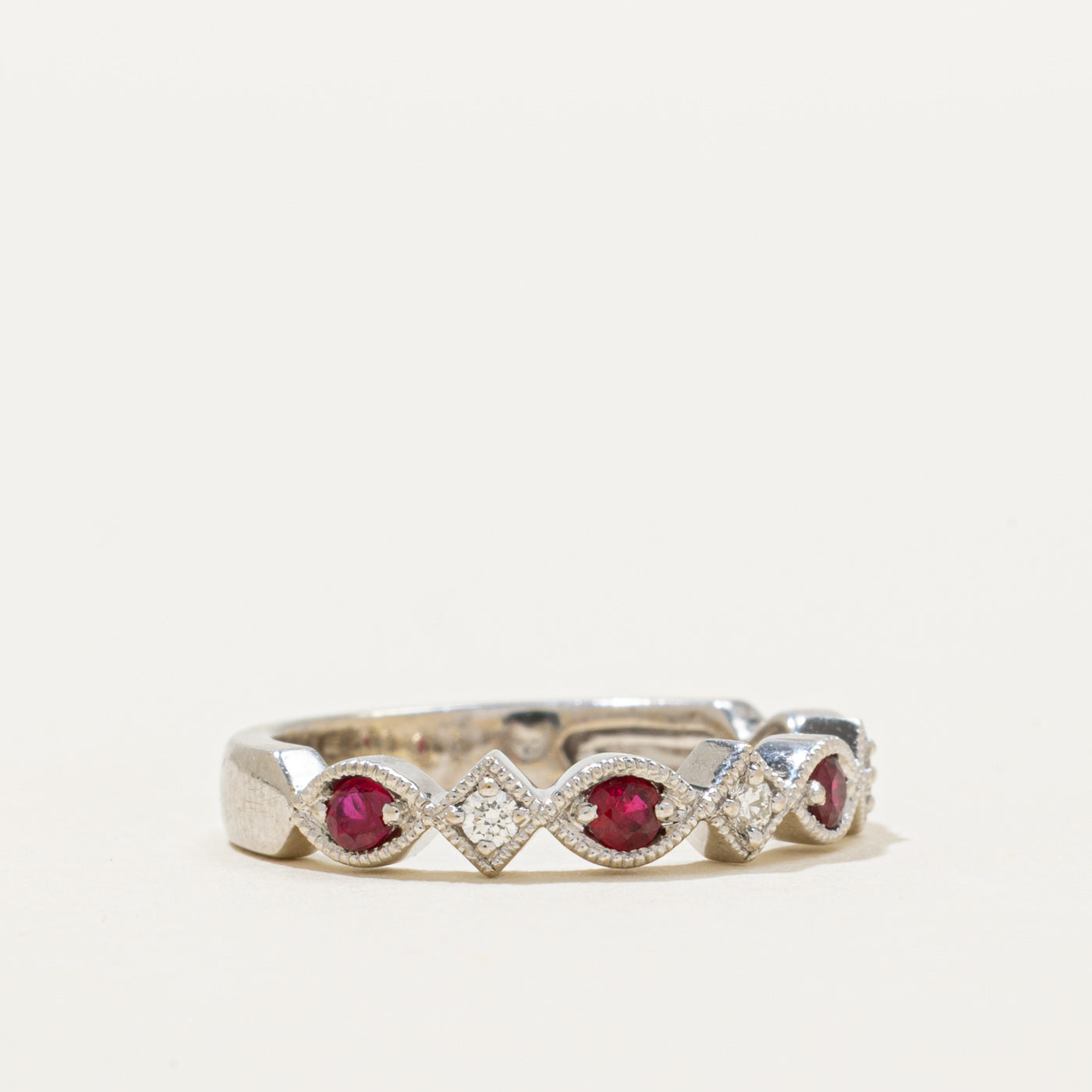 Semi-Eternity Ruby & Diamond Milgrained Ring | 0.18ctw, 0.06ctw | SZ 4.25