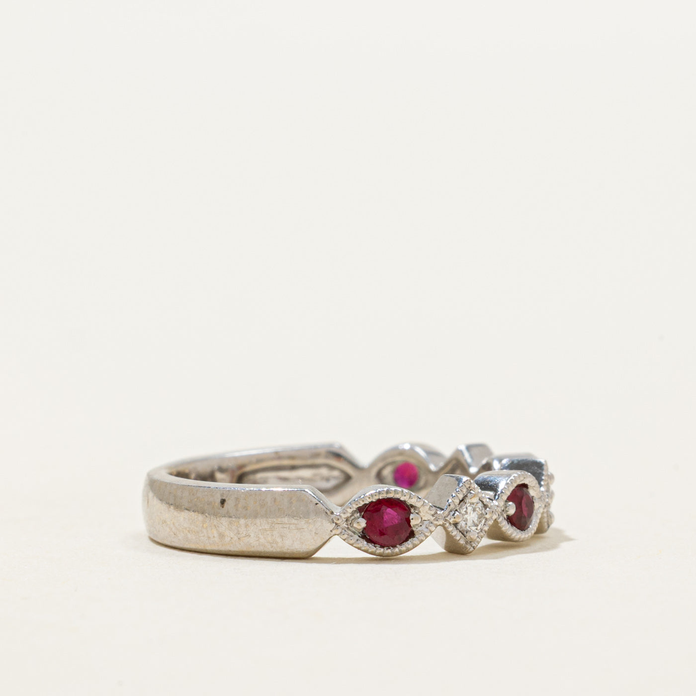 Semi-Eternity Ruby & Diamond Milgrained Ring | 0.18ctw, 0.06ctw | SZ 4.25