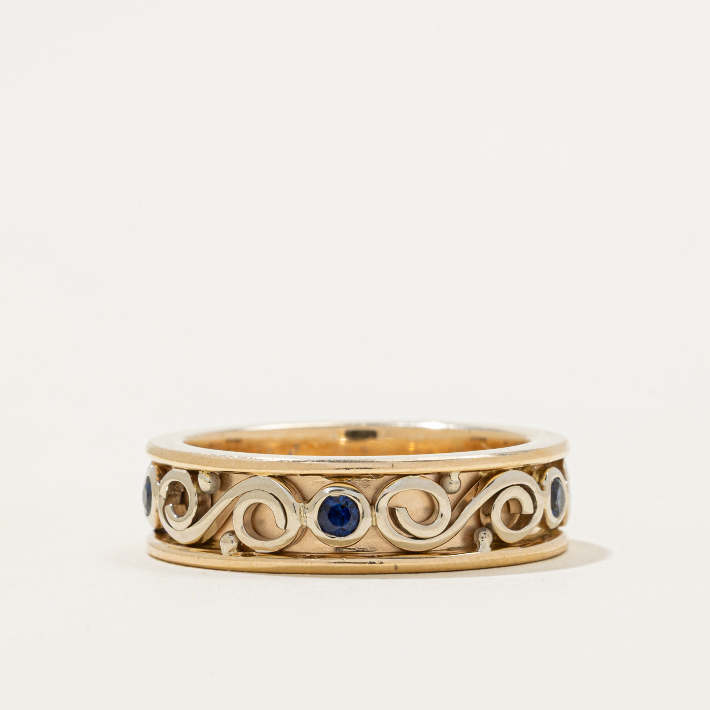Two Tone Eternity Sapphire Scrollwork Band | 0.35ctw | 6.35mm | SZ 9.5