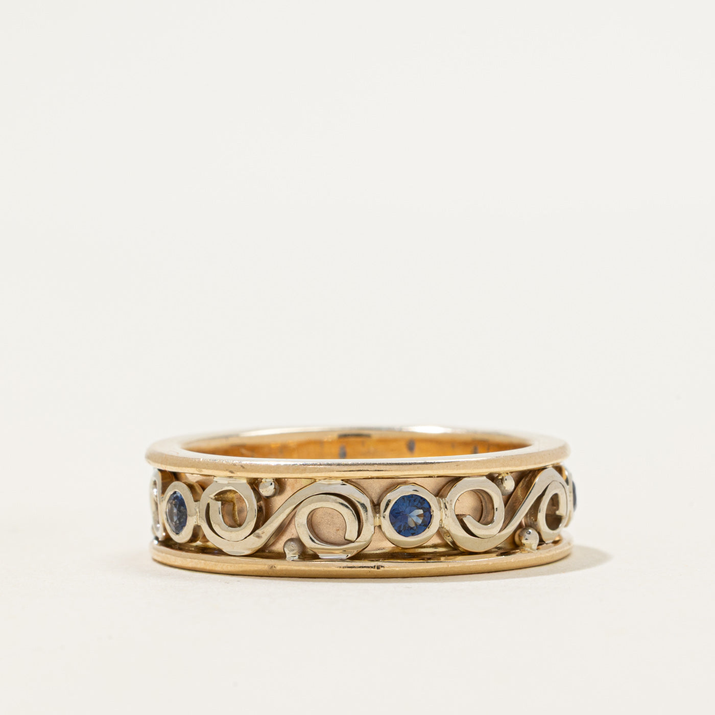 Two Tone Eternity Sapphire Scrollwork Band | 0.35ctw | 6.35mm | SZ 9.5