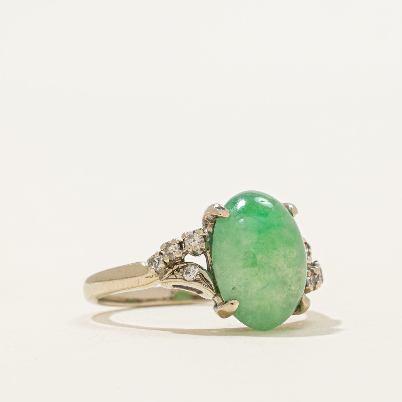 Oval Cabochon Jadeite & Diamond Ring | 4.33ct, 0.08ctw | SZ 5.25