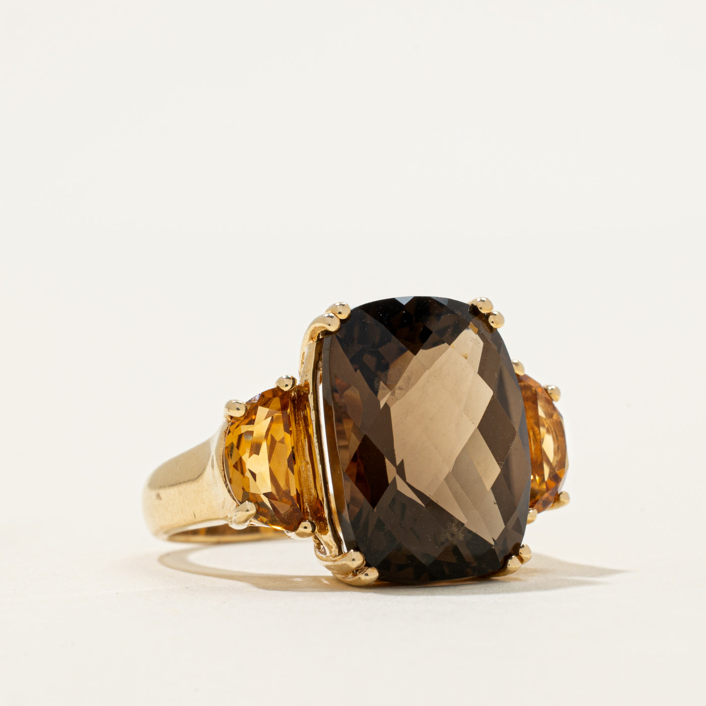 Cushion Cut Smoky Quartz & Citrine Cocktail Ring | 14.00ct, 1.64ctw | SZ 7.25