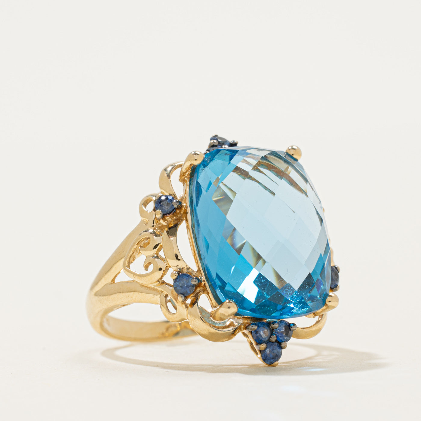Cushion Cut Blue Topaz & Sapphire Cocktail Ring | 14.00ct, 0.38ctw | SZ 7