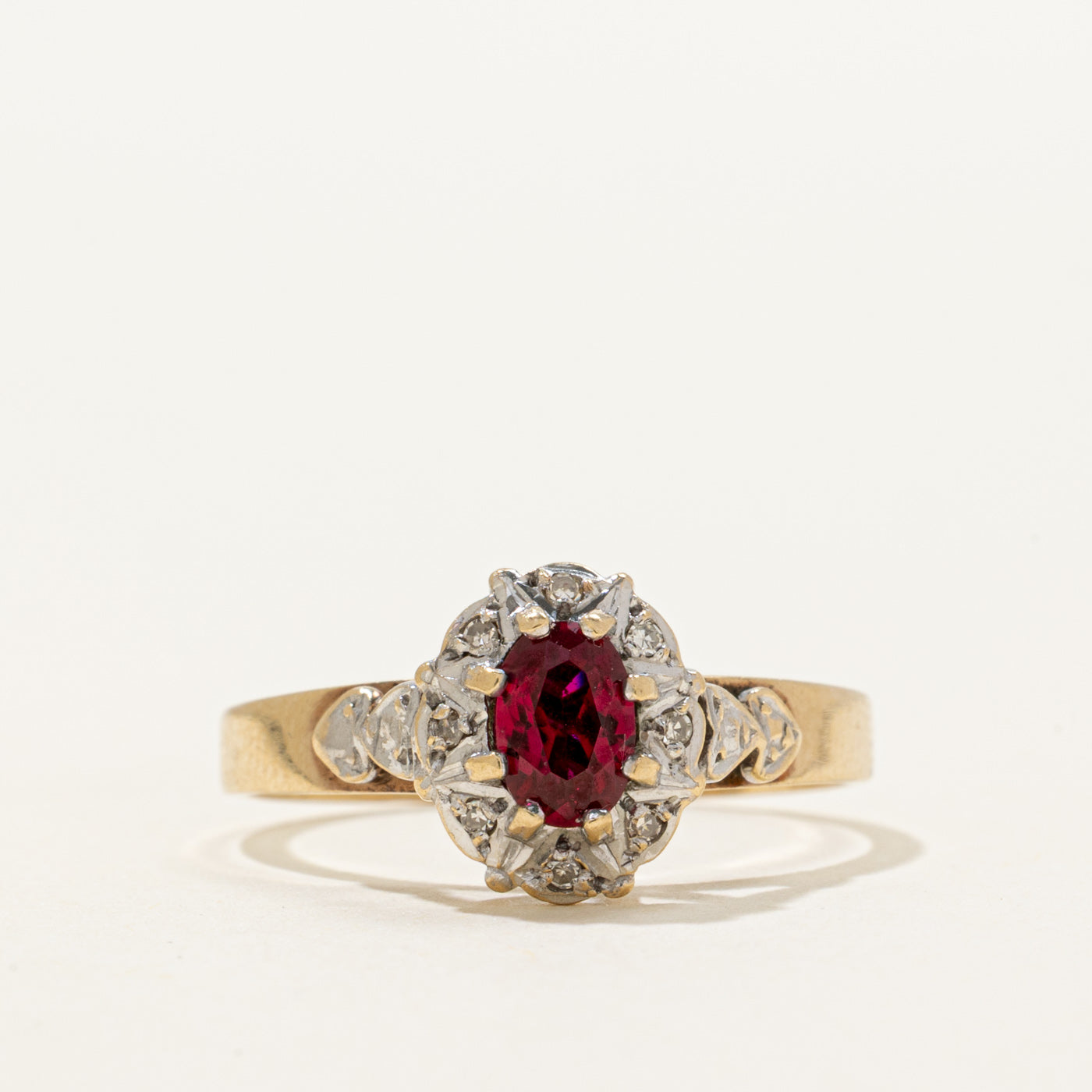 Oval Cut Synthetic Ruby & Natural Diamond Halo Ring | 0.33ct, 0.04ctw | SZ 8.75