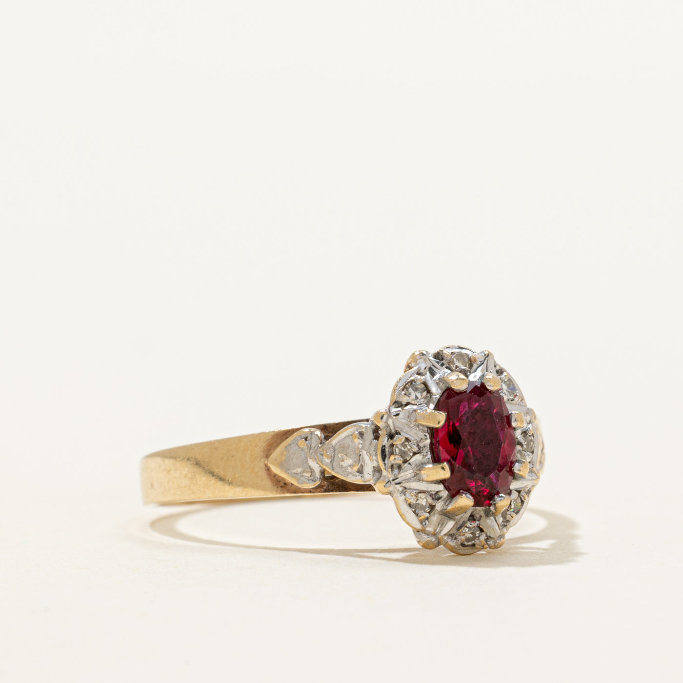 Oval Cut Synthetic Ruby & Natural Diamond Halo Ring | 0.33ct, 0.04ctw | SZ 8.75