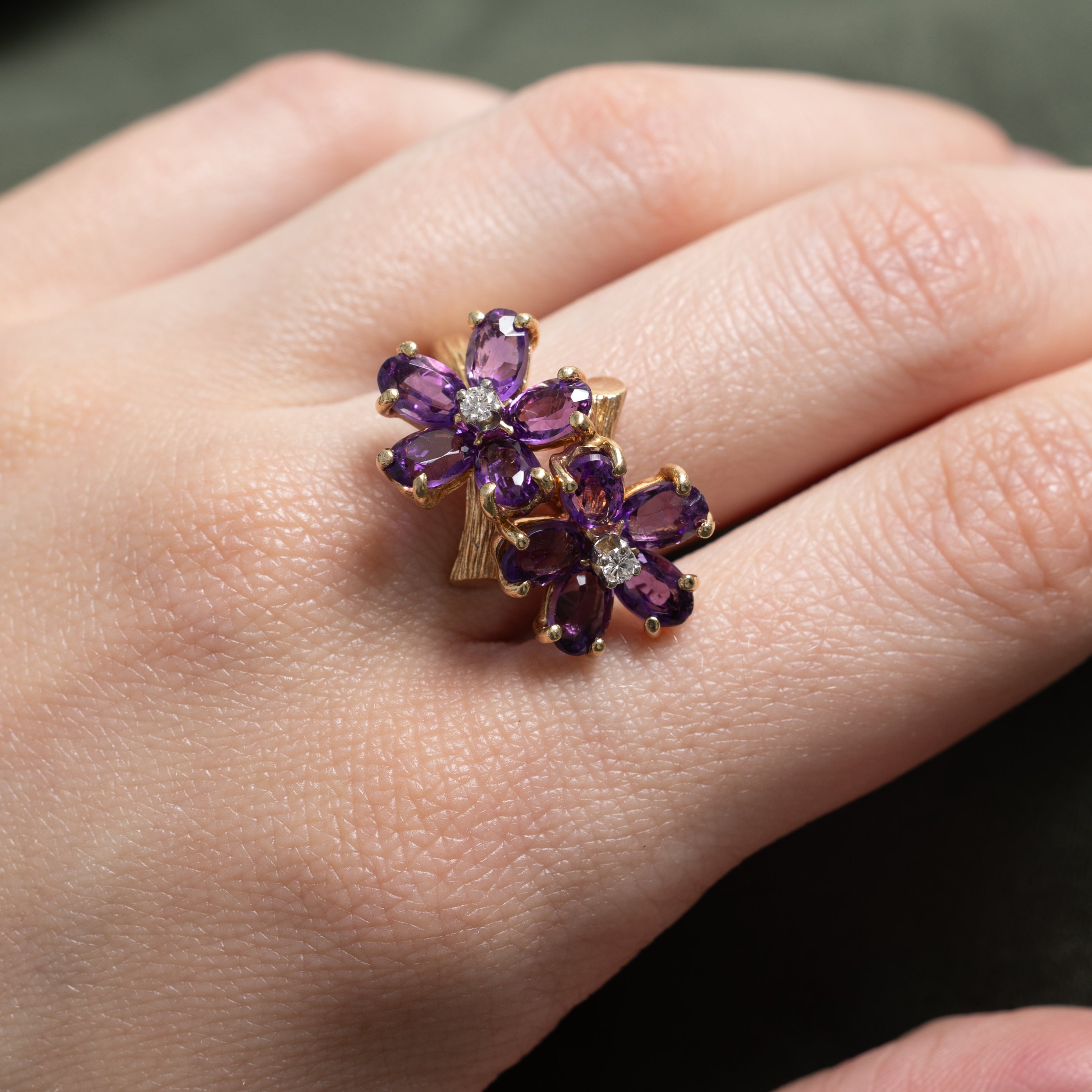 Amethyst & Diamond Floral Cocktail Ring | 3.50ctw, 0.07ctw | SZ 7.25