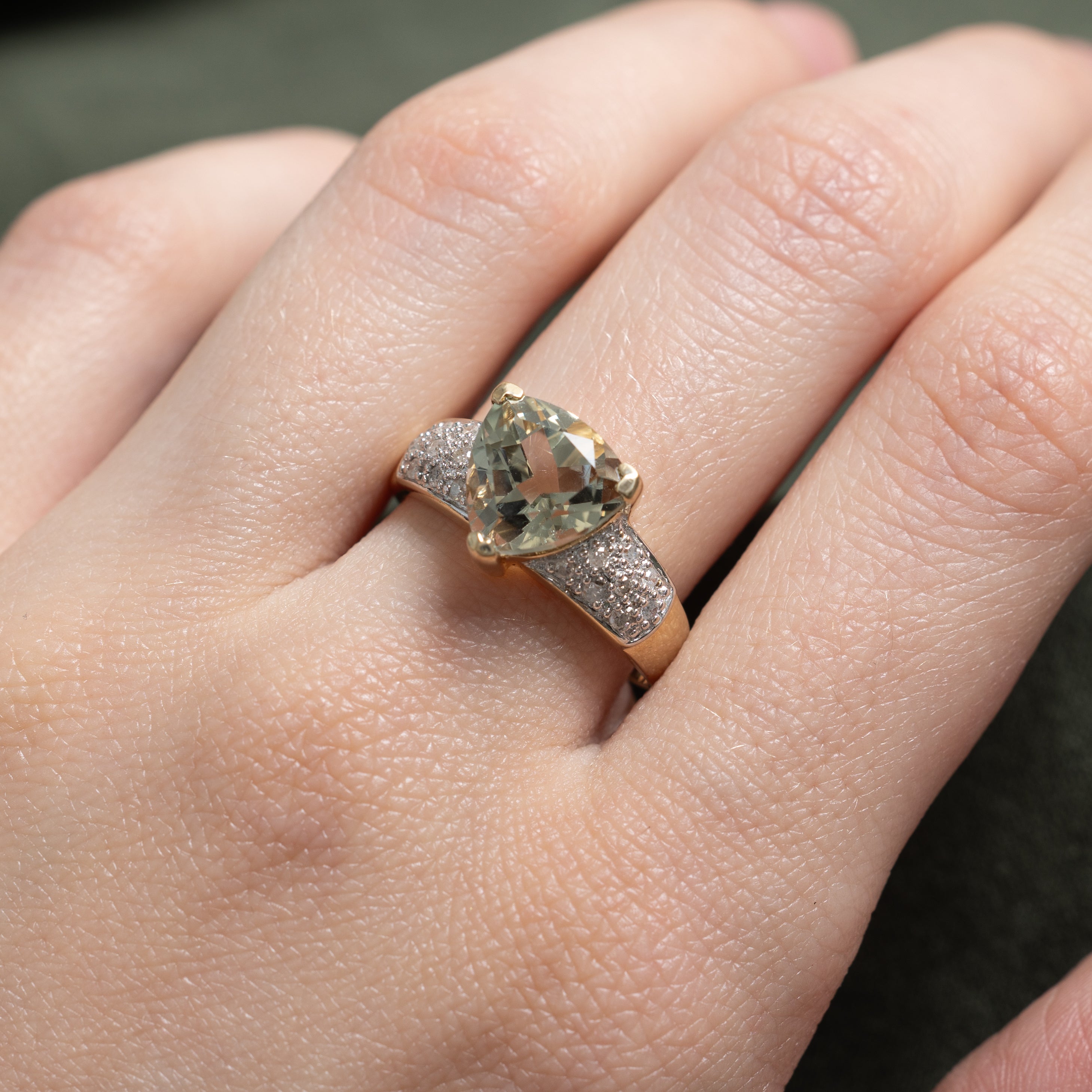 Trillion Cut Prasiolite & Diamond Ring | 2.70ct, 0.13ctw | SZ 8.25