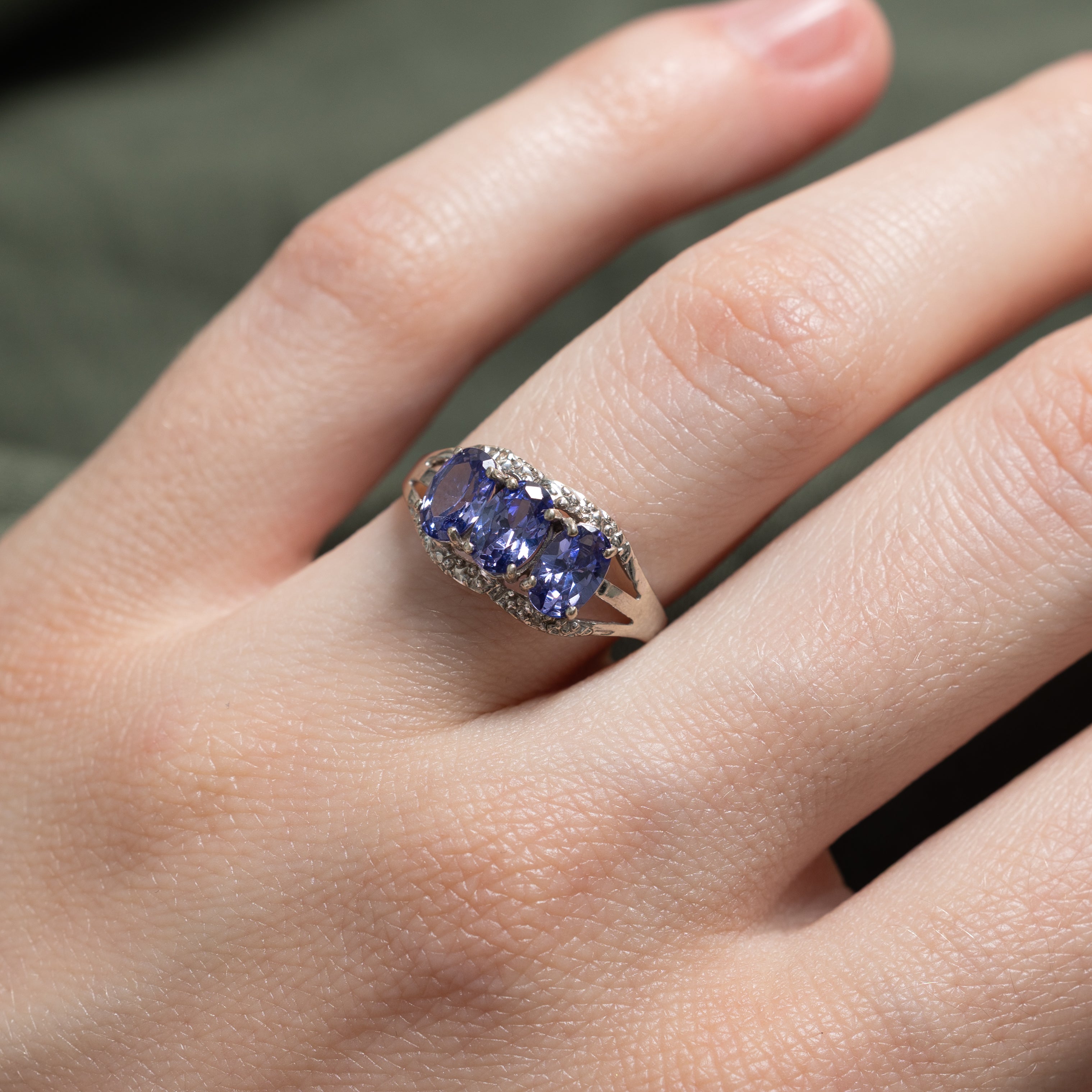 Three Stone Tanzanite & Diamond Ring | 1.10ctw, 0.01ctw | SZ 6.75