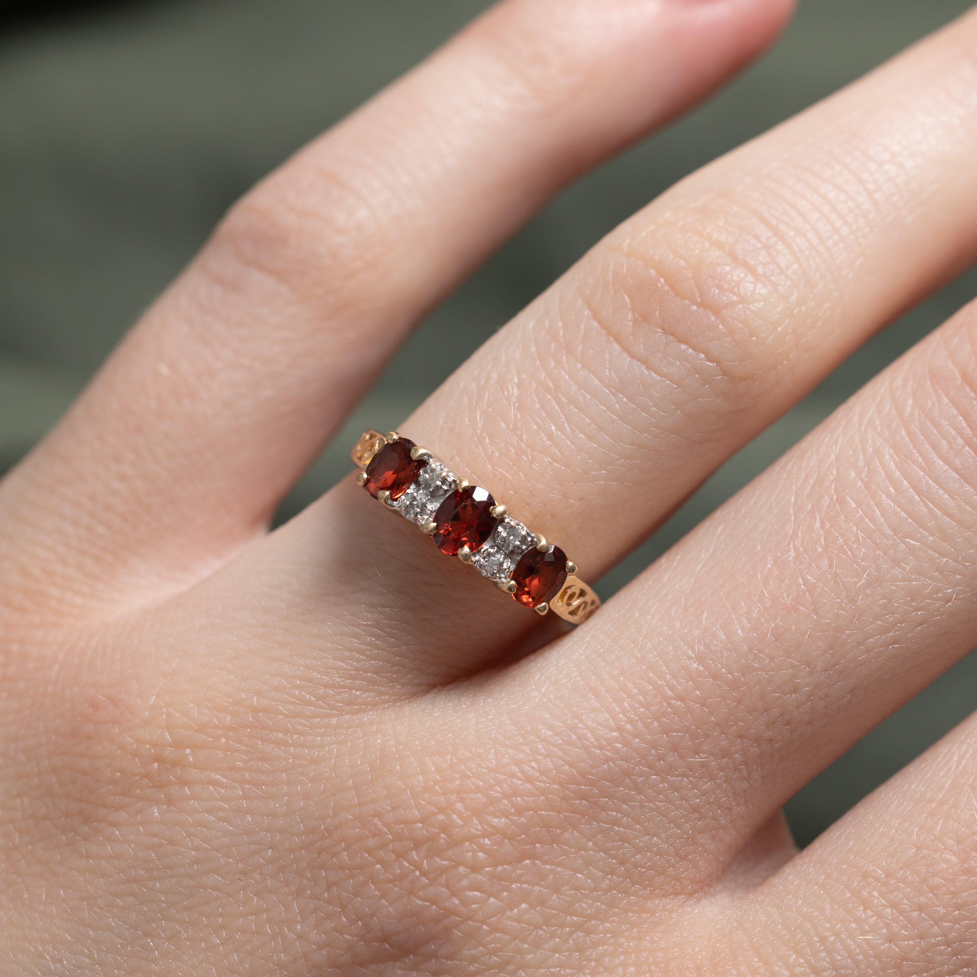 Three Stone Garnet & Diamond Ring | 0.78ctw, 0.02ctw | SZ 5.5