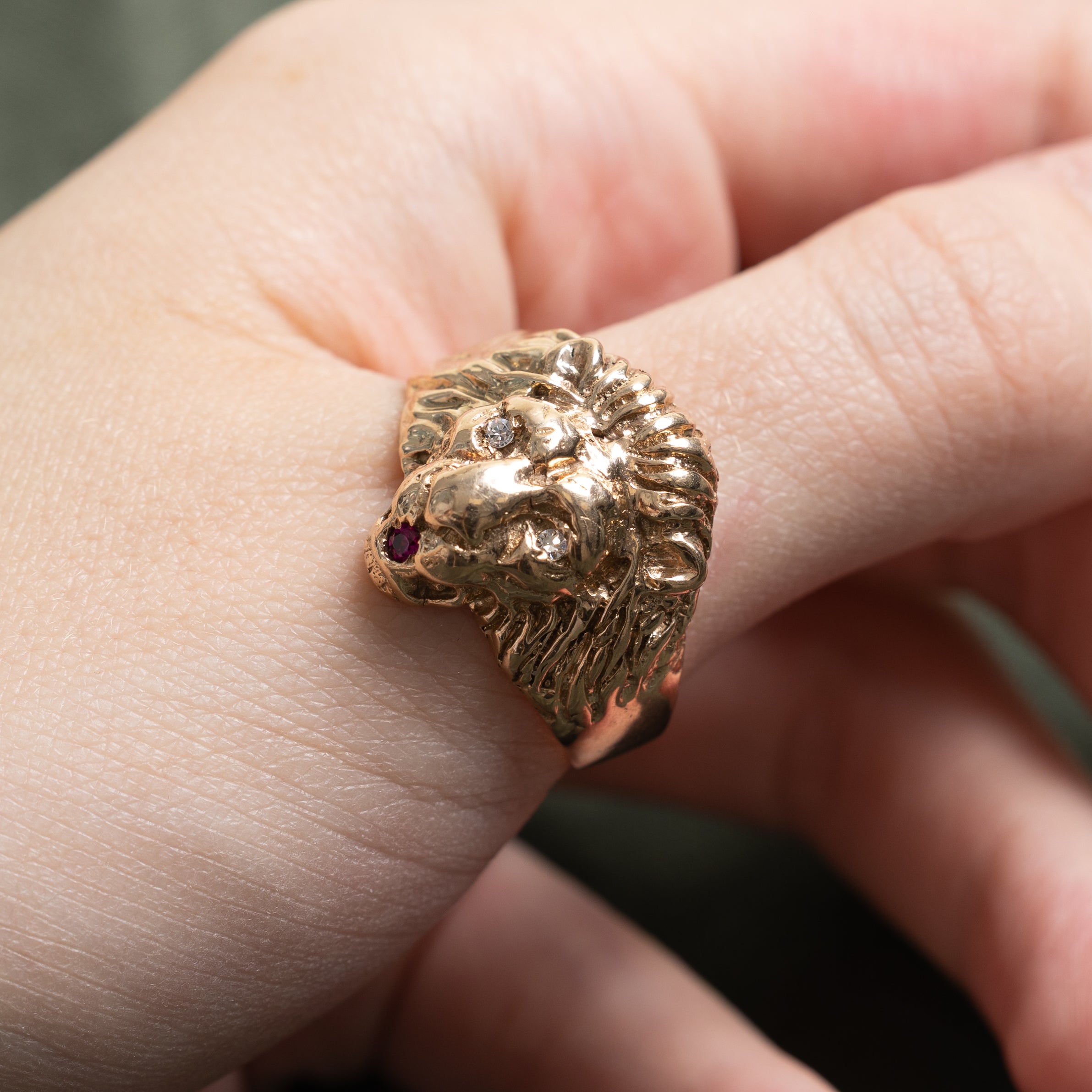Diamond & Synthetic Ruby Lion Head Ring | 0.04ctw, 0.03ct | SZ 14