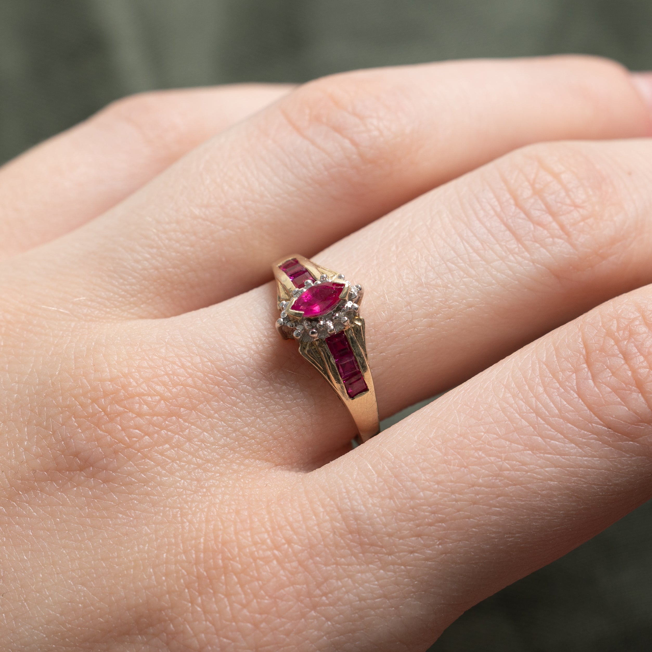 Marquise Cut Ruby & Diamond Ring | 0.56ctw, 0.03ctw | SZ 7