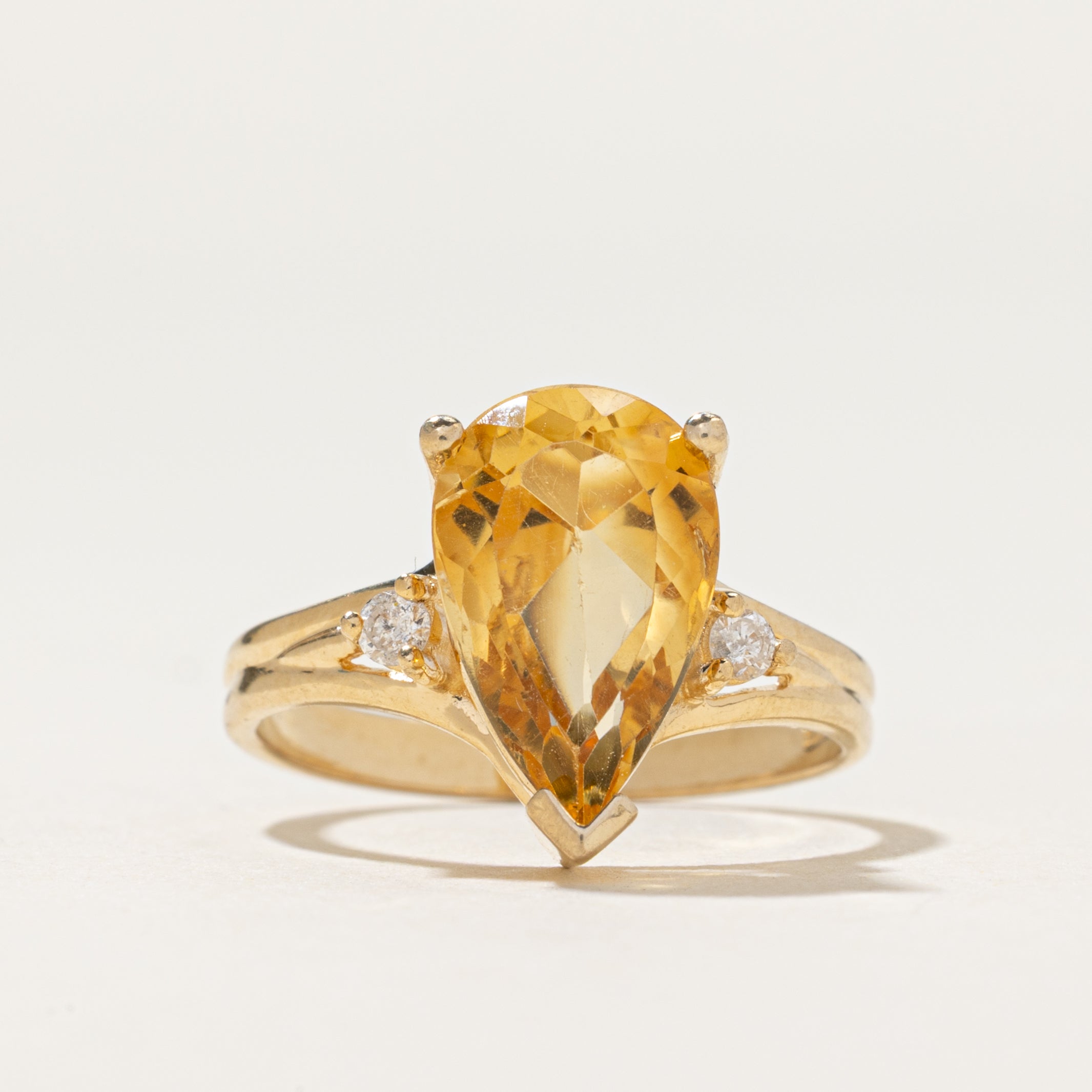 Pear Cut Citrine & Diamond Ring | 2.60ct, 0.08ctw | SZ 6.5