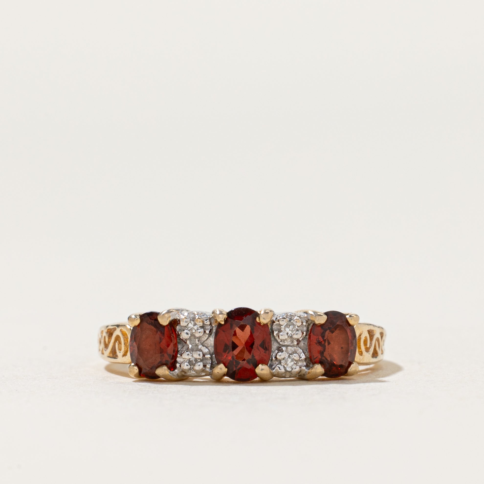 Three Stone Garnet & Diamond Ring | 0.78ctw, 0.02ctw | SZ 5.5