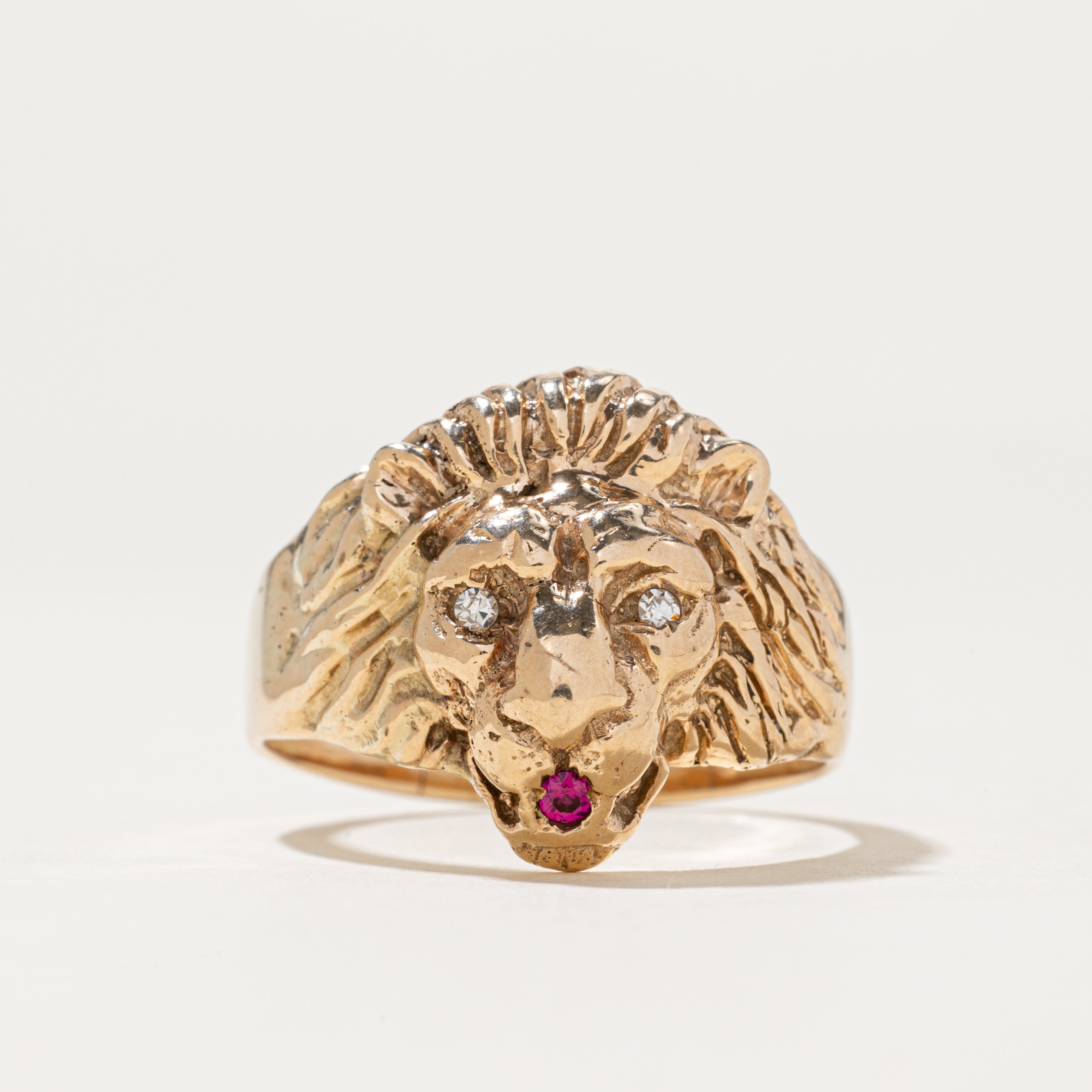 Diamond & Synthetic Ruby Lion Head Ring | 0.04ctw, 0.03ct | SZ 14