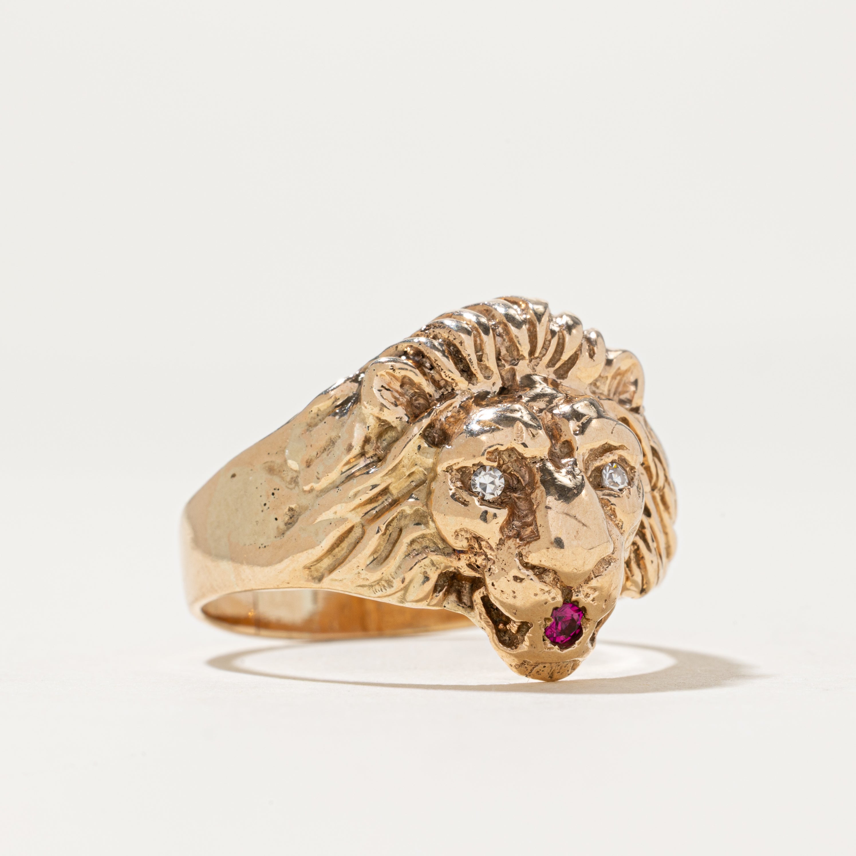 Diamond & Synthetic Ruby Lion Head Ring | 0.04ctw, 0.03ct | SZ 14